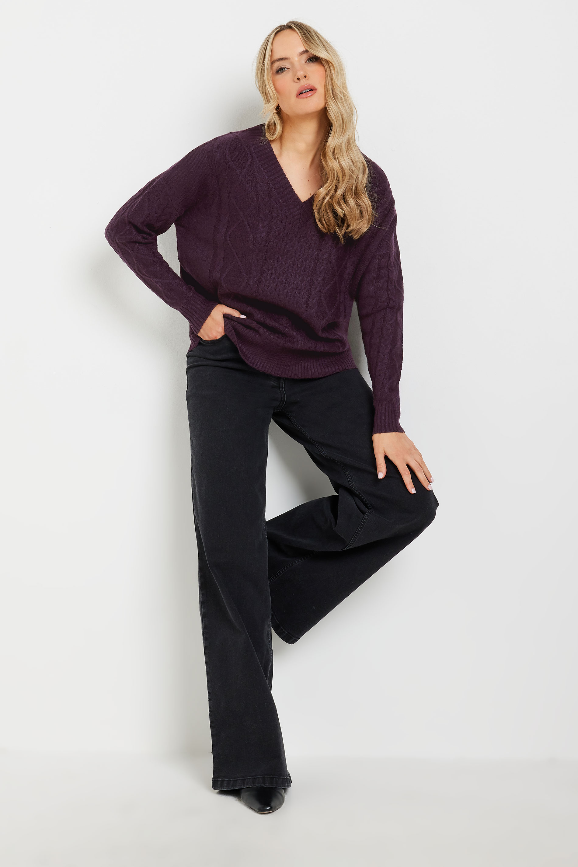 LTS Tall Dark Purple Cable Knit V-Neck Jumper | Long Tall Sally 2