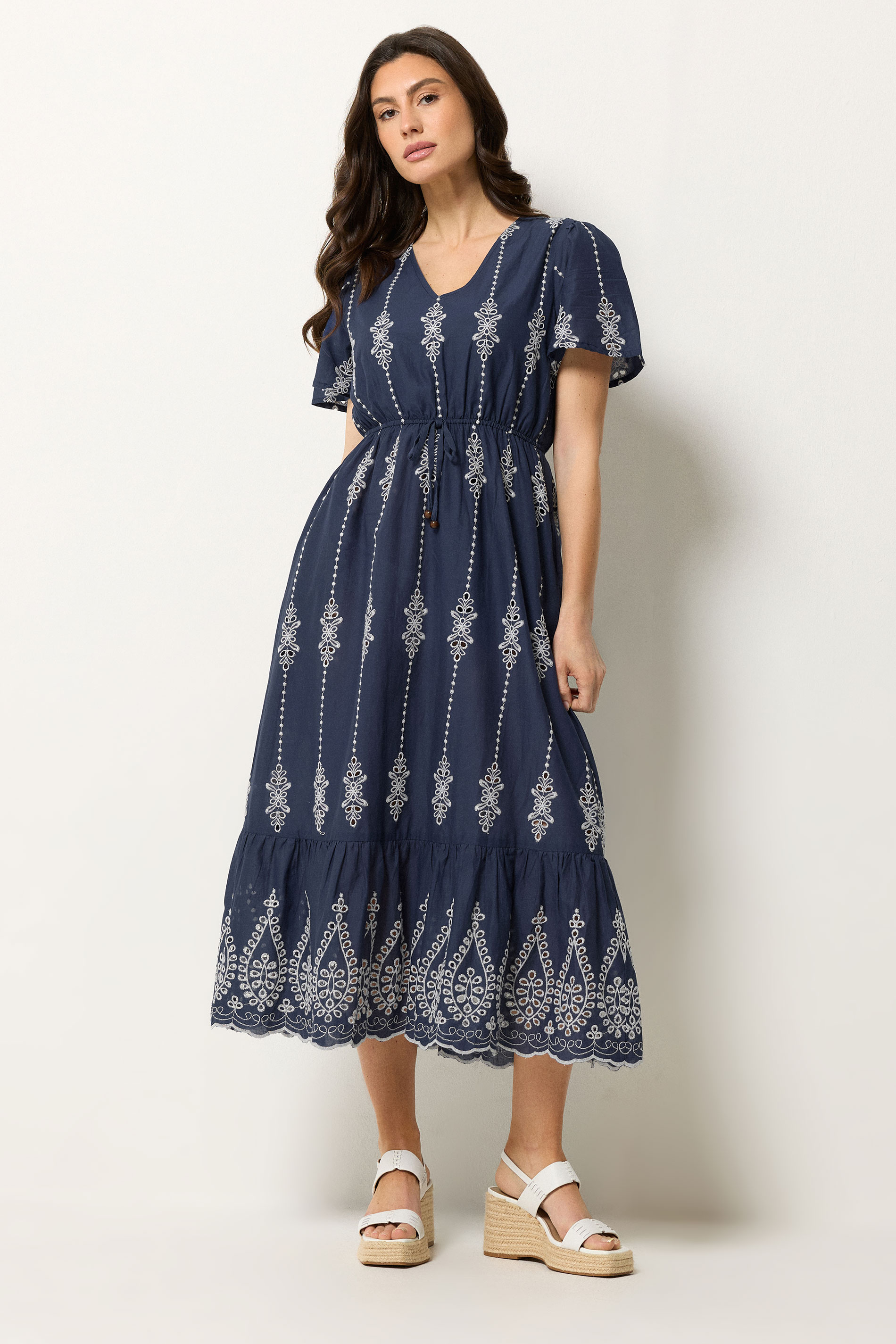 M&Co Navy Blue Broderie Tie Waist Cotton Dress | M&Co 2
