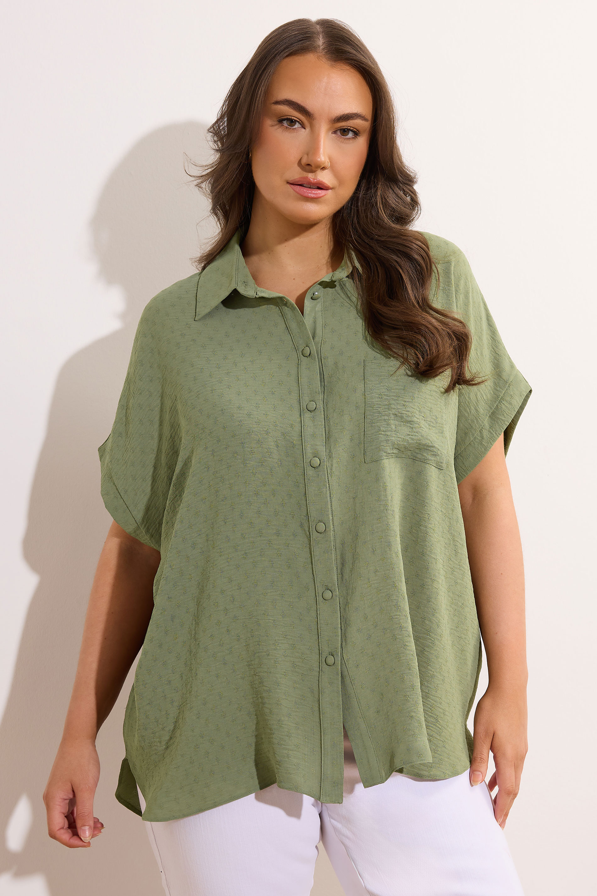 EVANS Plus Size Khaki Green Grown-On Sleeve Blouse | Evans 3
