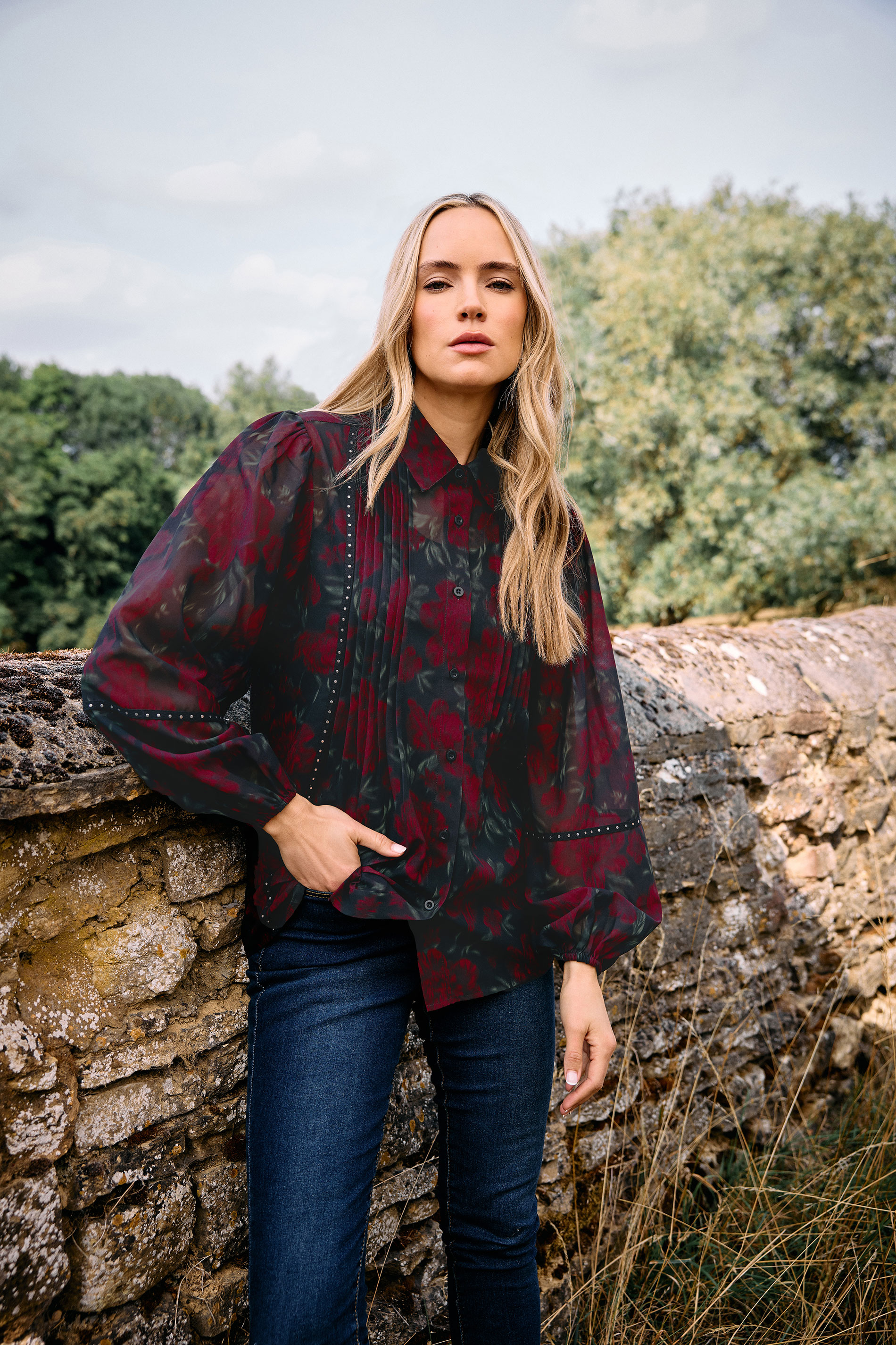 LTS Tall Red Rose Stud Trim Pintuck Shirt | Long Tall Sally 3