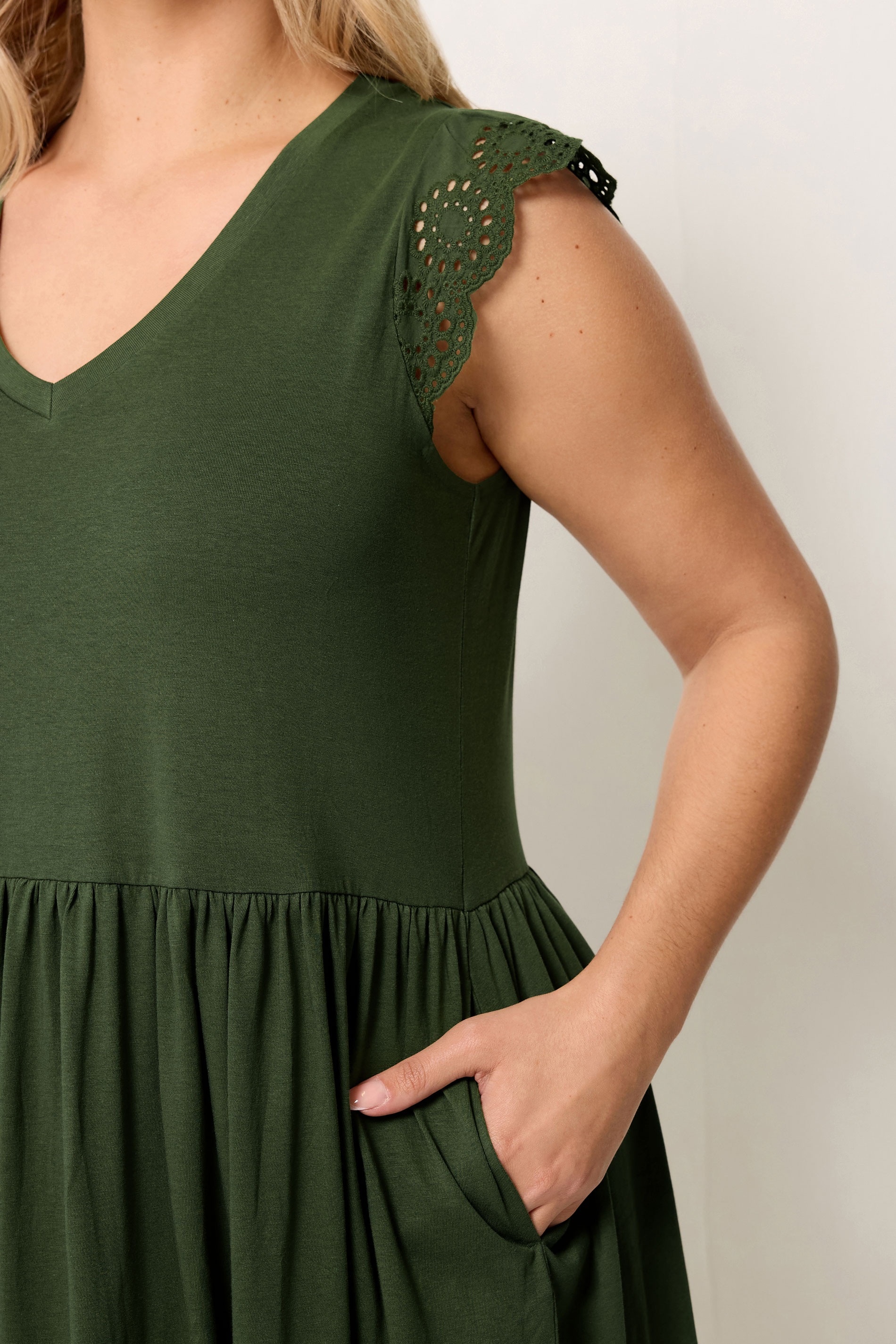 YOURS Plus Size Khaki Green Broderie Sleeve Maxi Dress | Yours Clothing 4