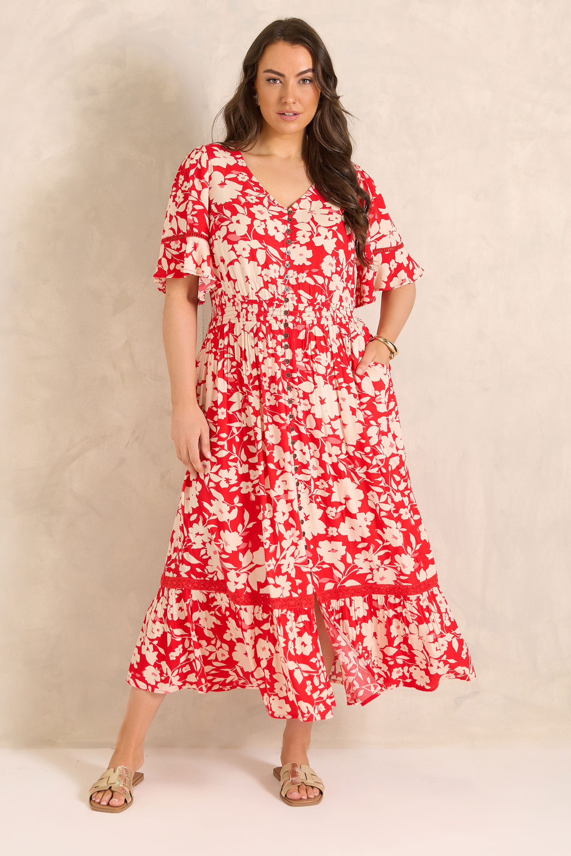 EVANS Plus Size Red Floral Button Front Maxi Dress| Evans  3
