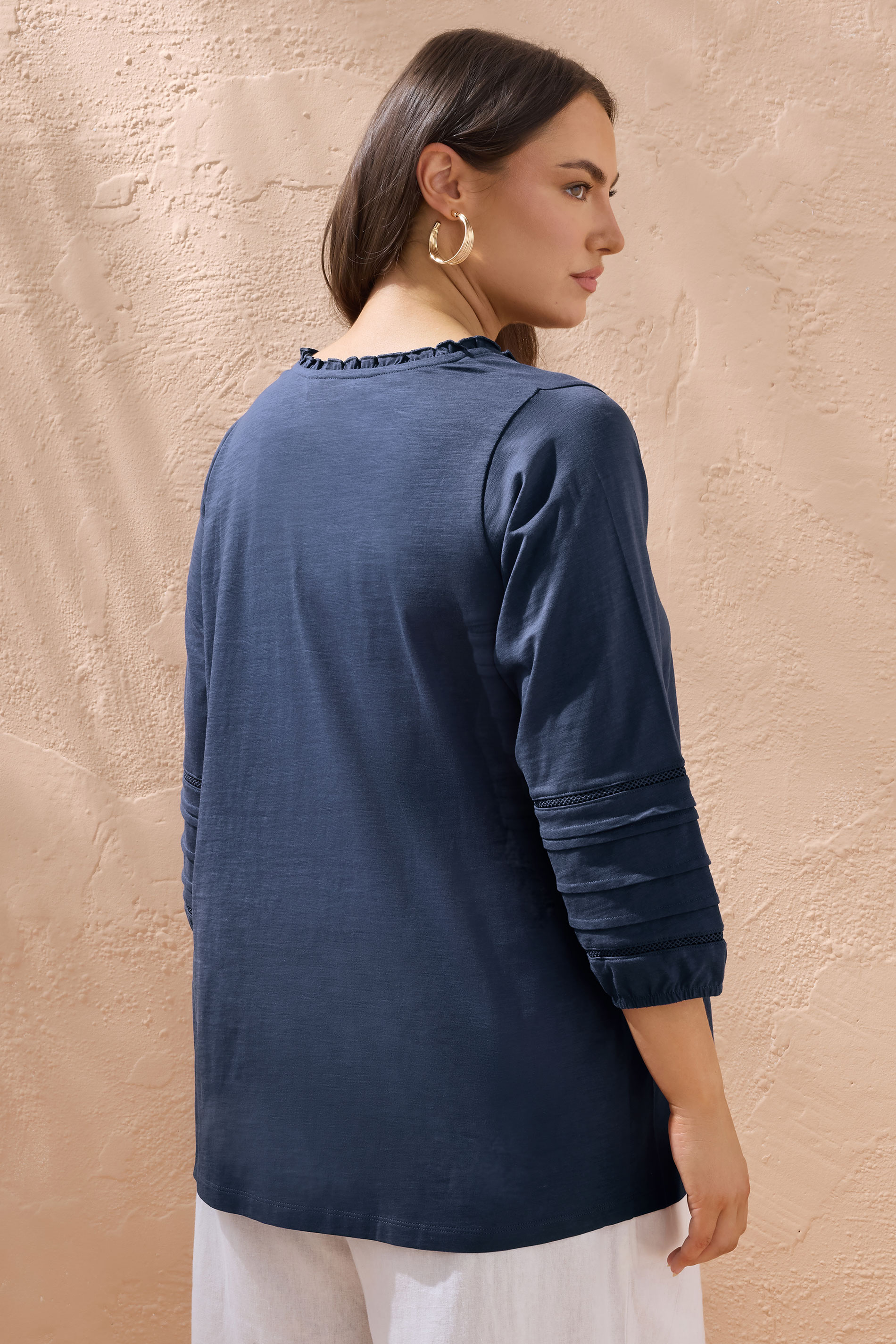 EVANS Plus Size Navy Blue Tie Neck Cotton Top | Evans 2