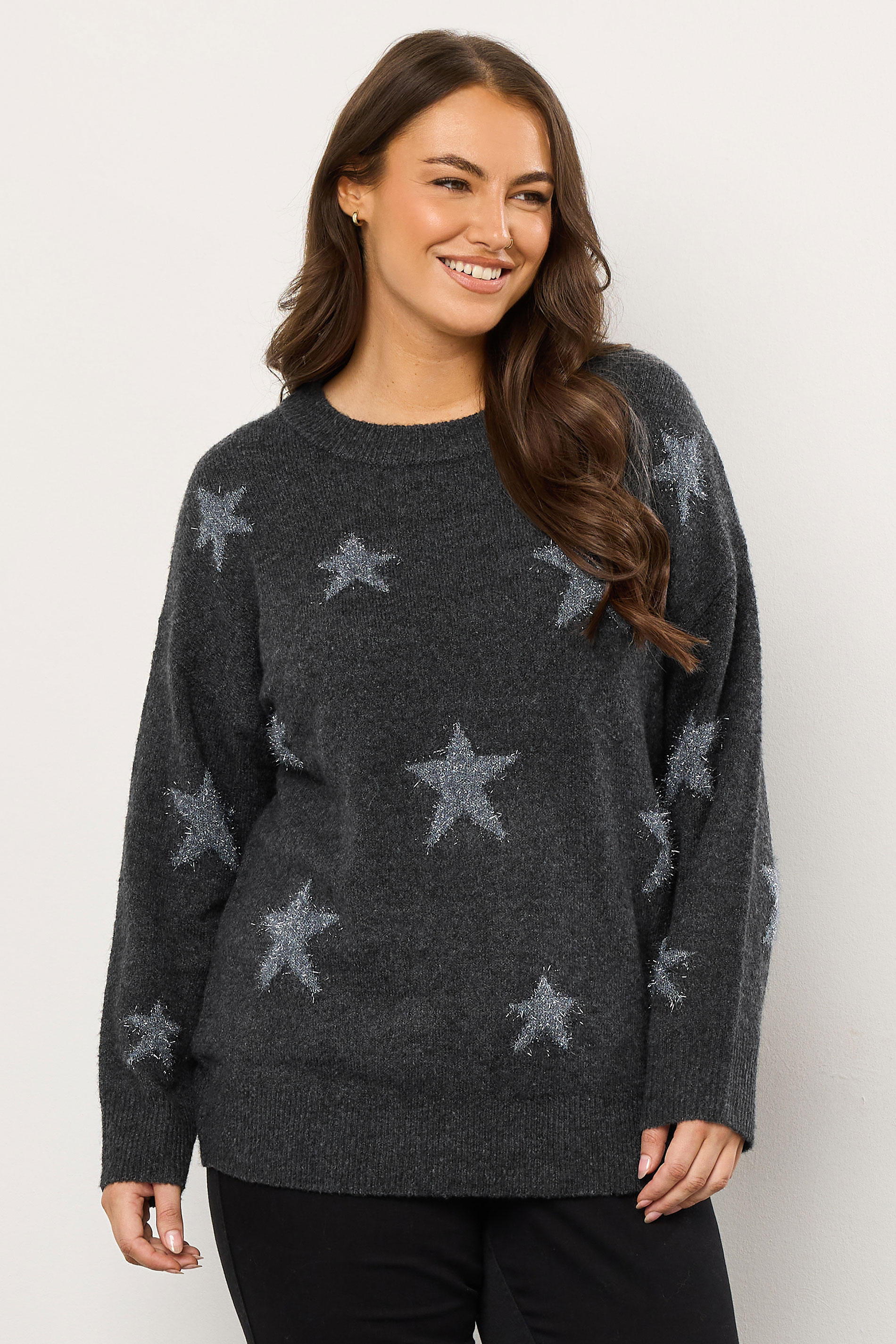 EVANS Plus Size Grey Star Tinsel Detail Jumper | Evans 3