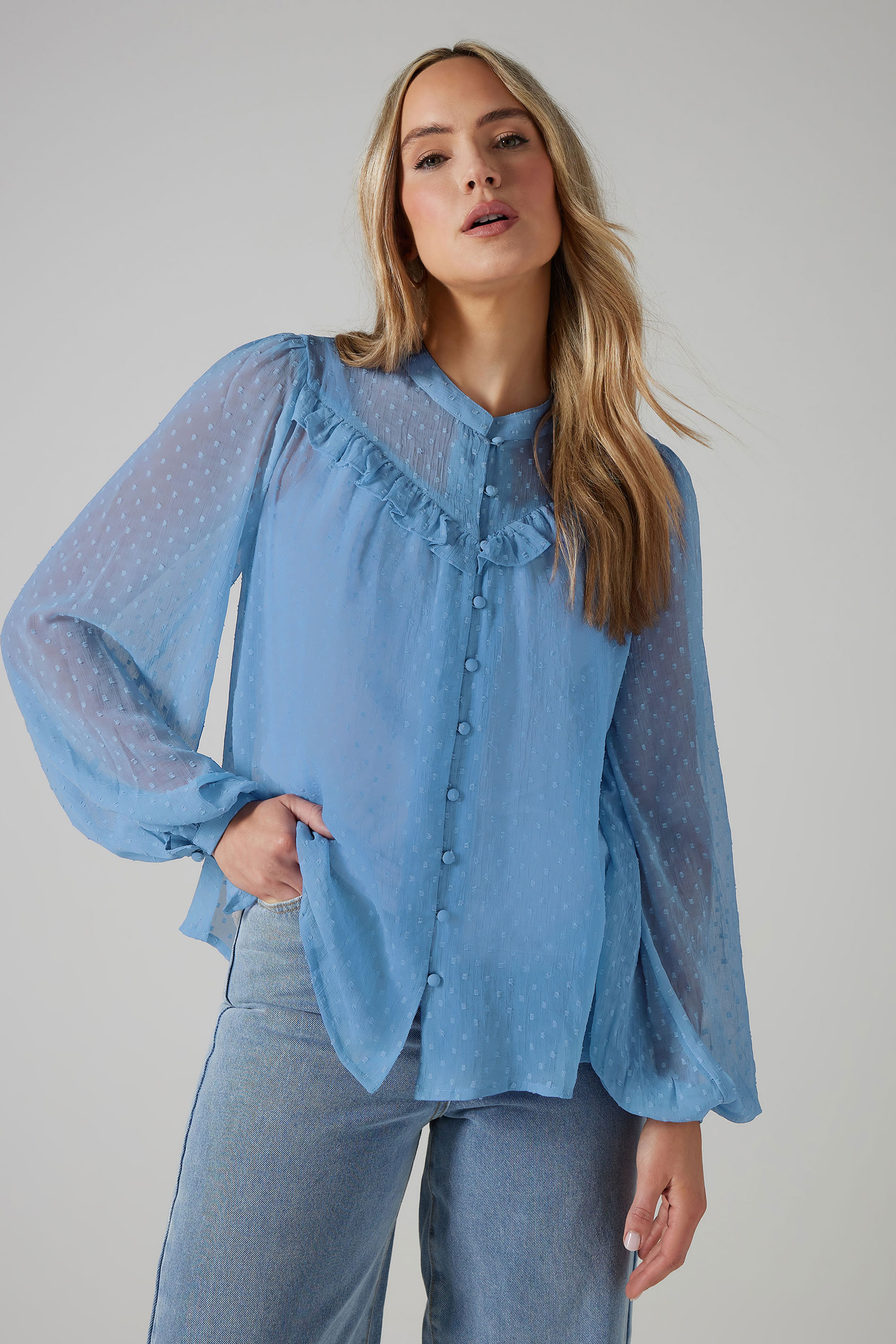 LTS Tall Blue Sheer Dobby Frill Blouse | Long Tall Sally 3