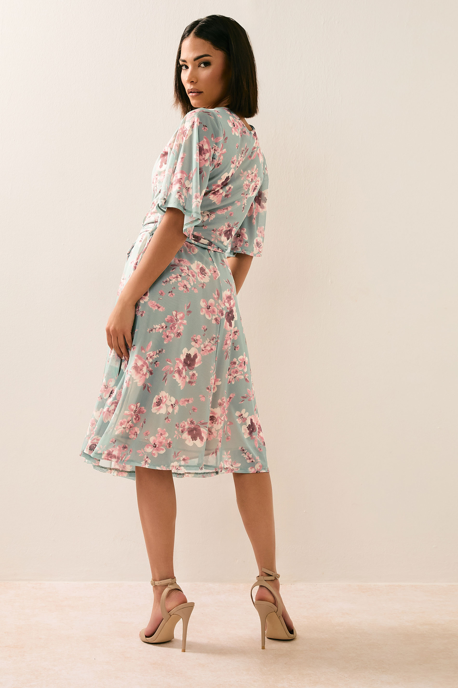 PixieGirl Petite Women's Sage Green Mesh Floral Wrap Midi Dress | PixieGirl 2