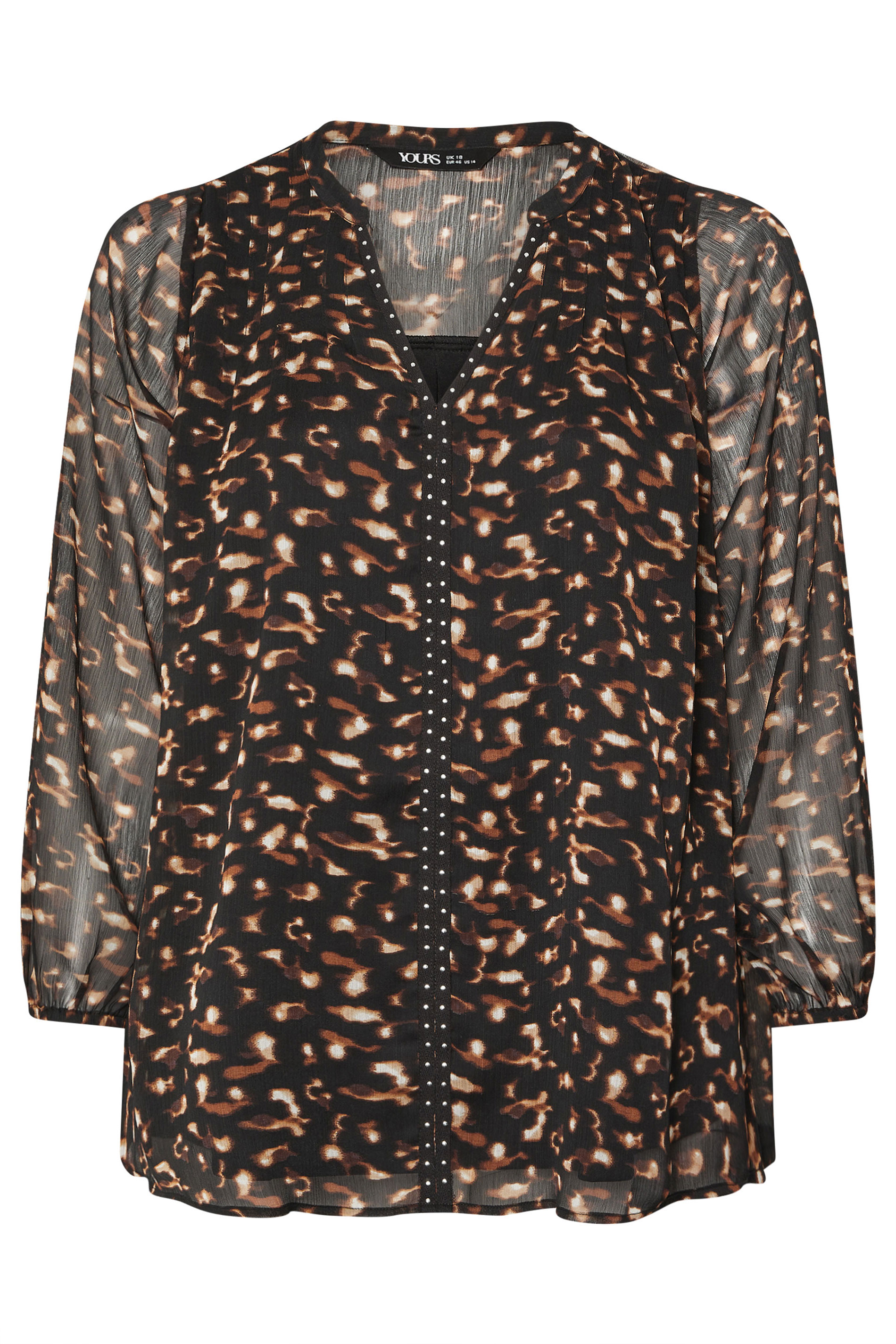 YOURS Plus Size Black & Brown Leopard Print Stud Detail Blouse | Yours Clothing 6