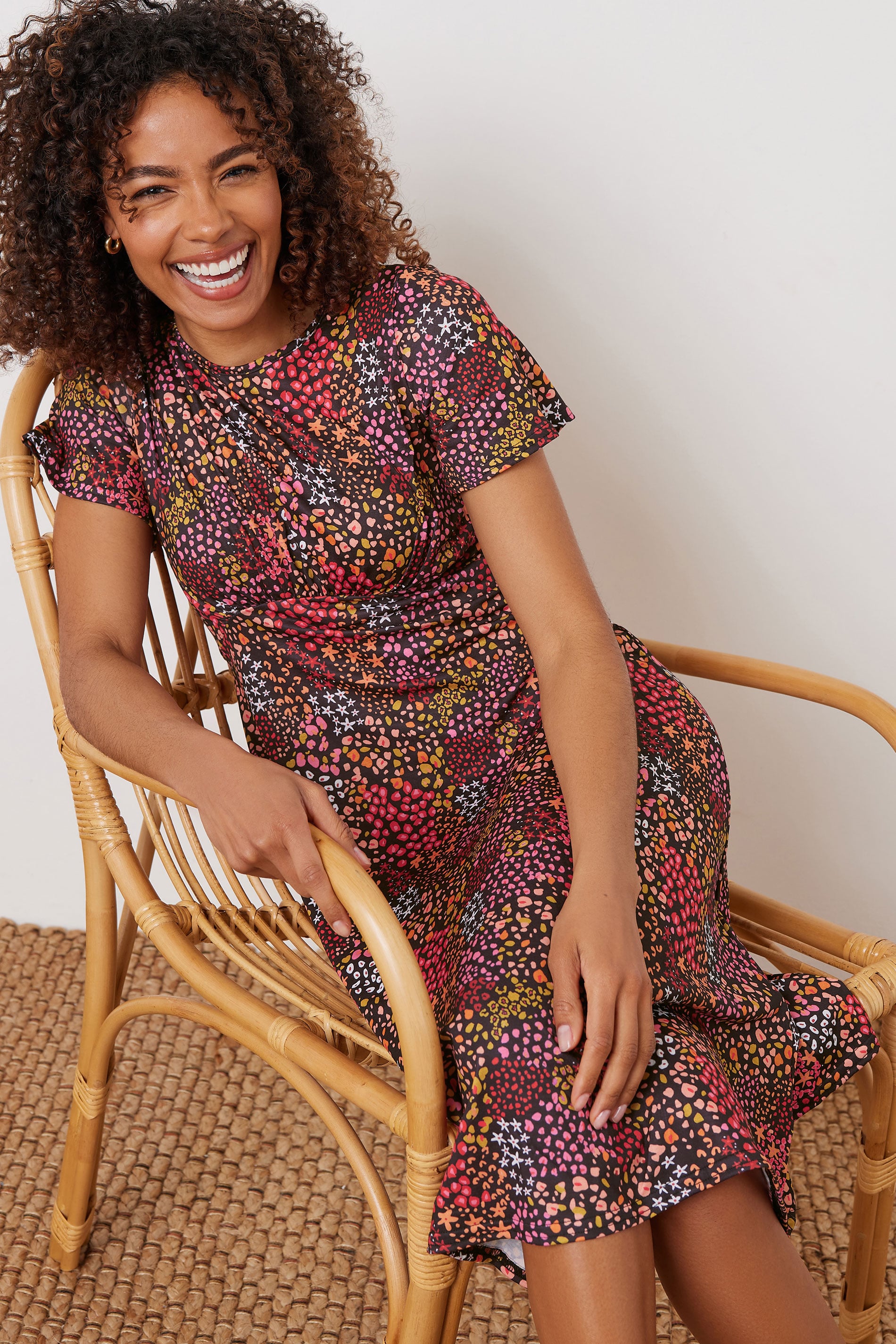 M&Co Orange Mixed Print Short Sleeve Midi Dress | M&Co 1
