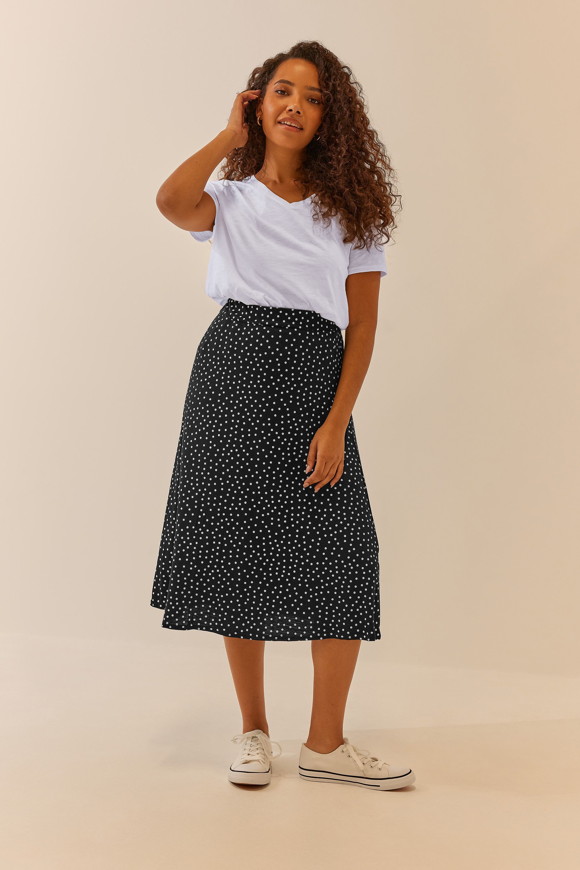 M&Co Black Polka Dot Print Jersey Midi Skirt | M&Co 1