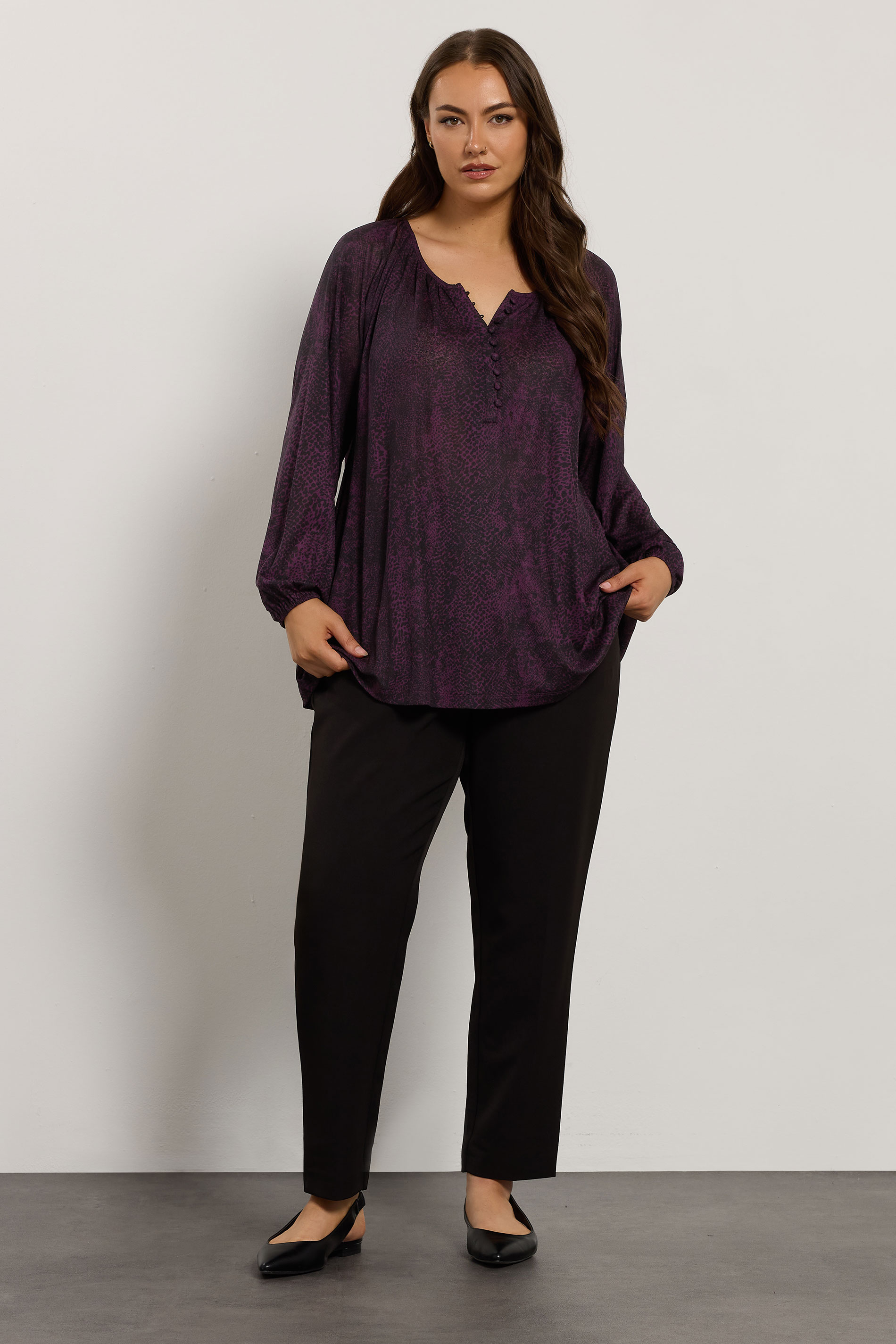 EVANS Plus Size Purple Animal Print Balloon Sleeve Blouse | Evans 1