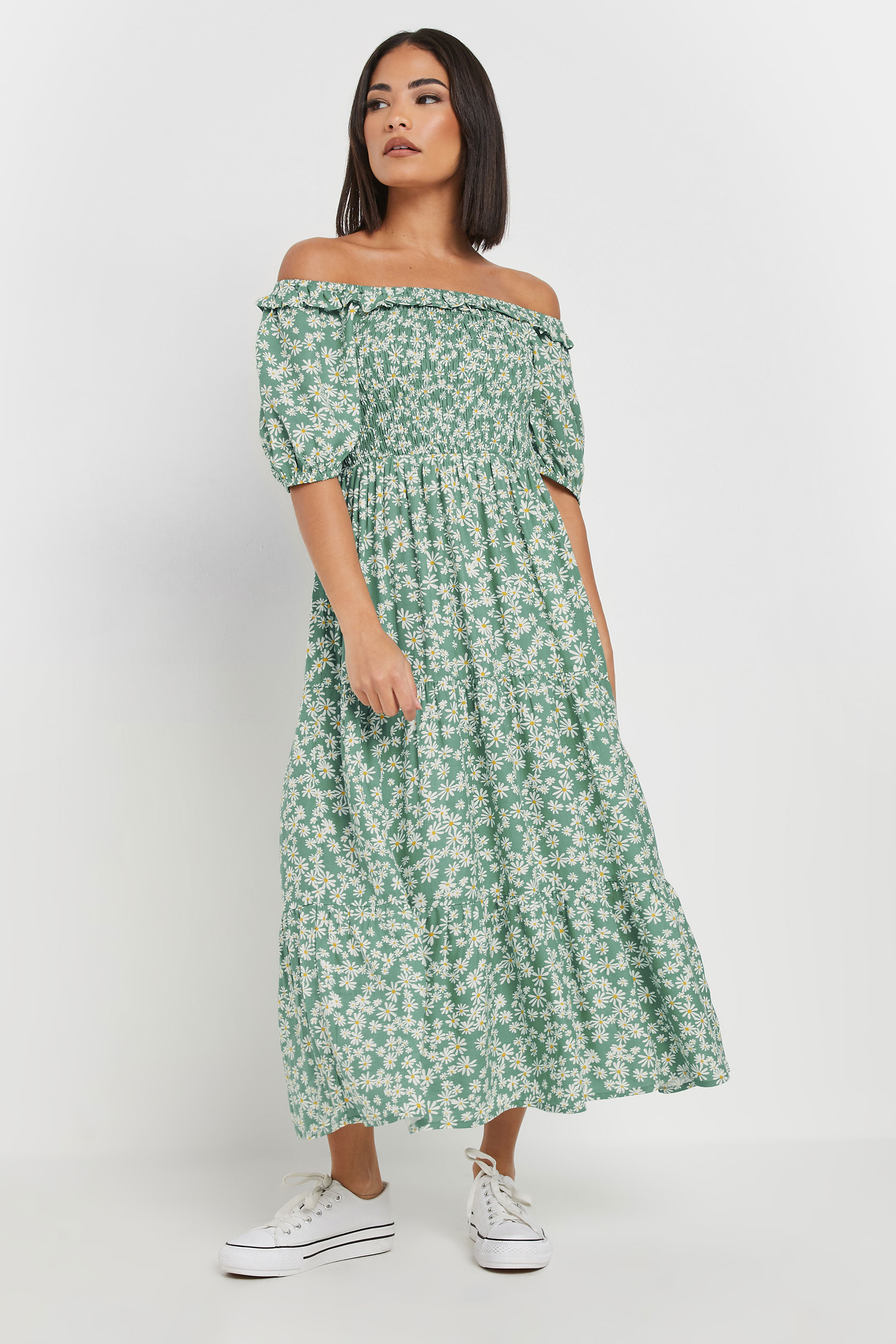 PixieGirl Petite Women's Green Daisy Tiered Bardot Dress | PixieGirl 3