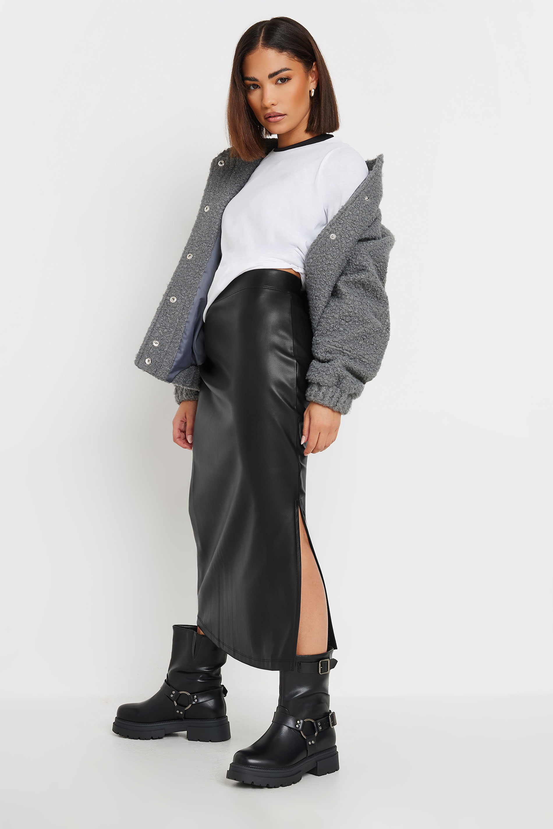 PixieGirl Petite Women's Black Faux Leather Side Split Maxi Skirt | PixieGirl 2