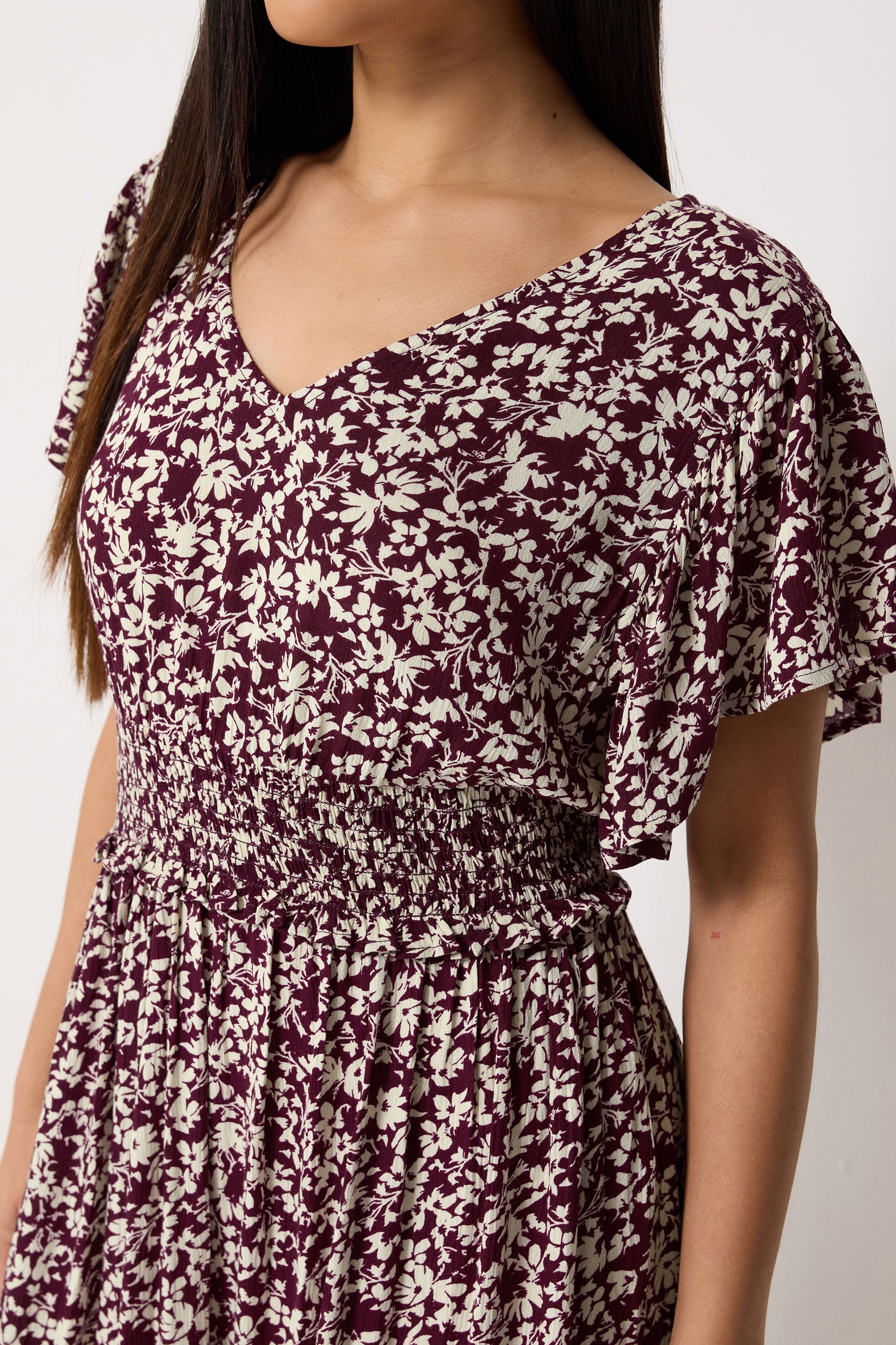M&Co Petite Berry Purple Floral Shirred Waist Maxi Dress | M&Co 5