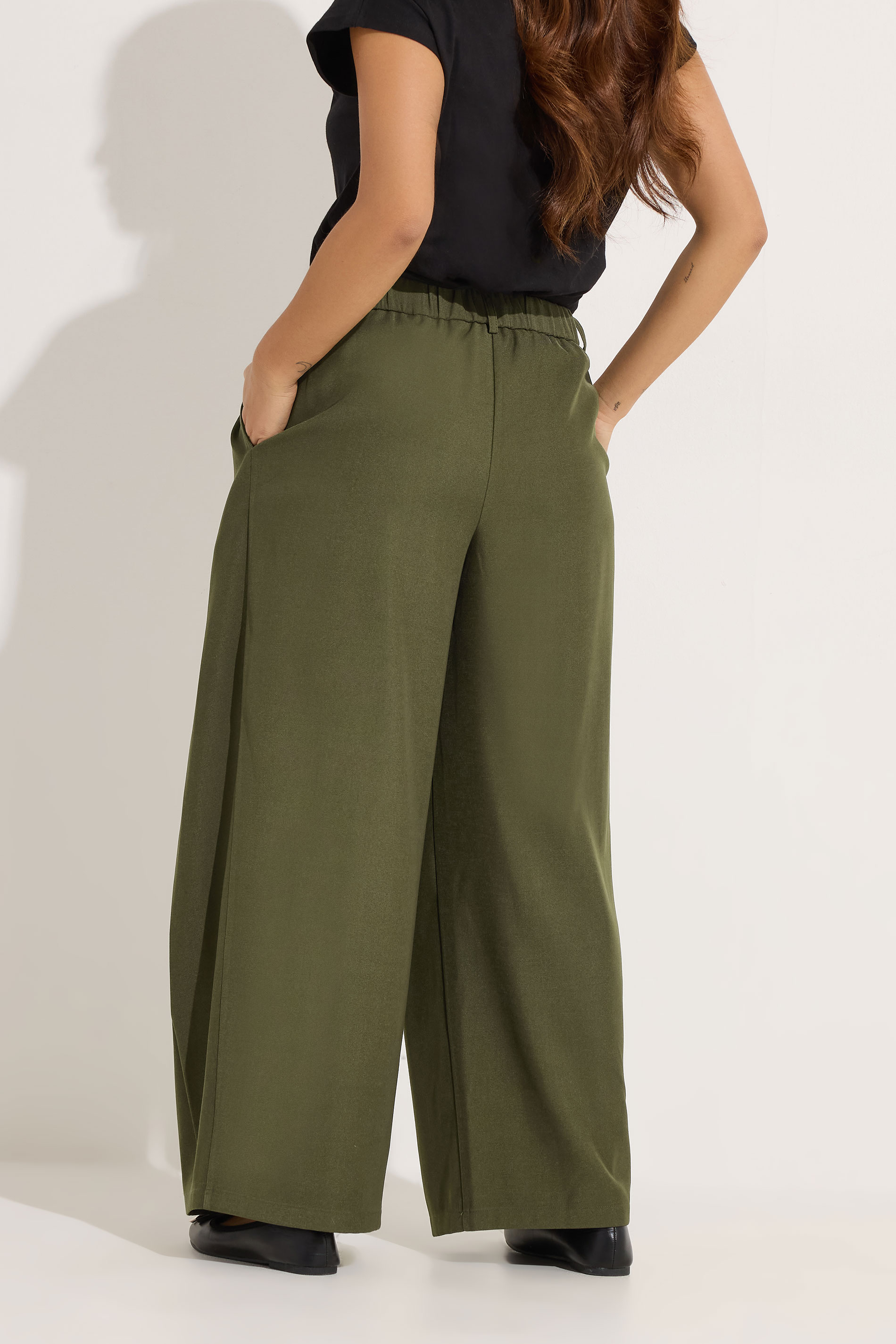 PixieGirl Petite Women's Olive Green Wrap Pleated Wide Leg Trousers | PixieGirl 2