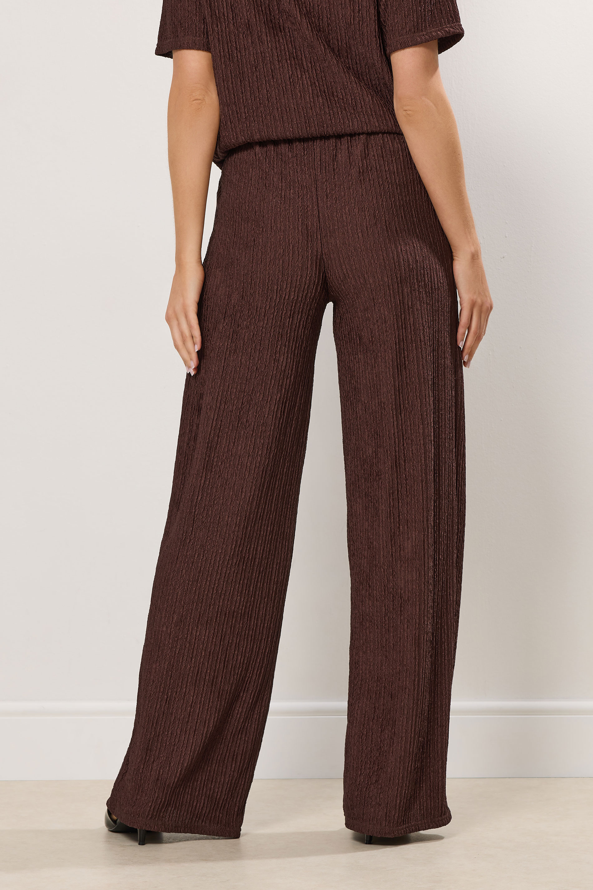 LTS Tall Brown Textured Elasticated Waist Wide Leg Trousers | Long Tall Sally 2