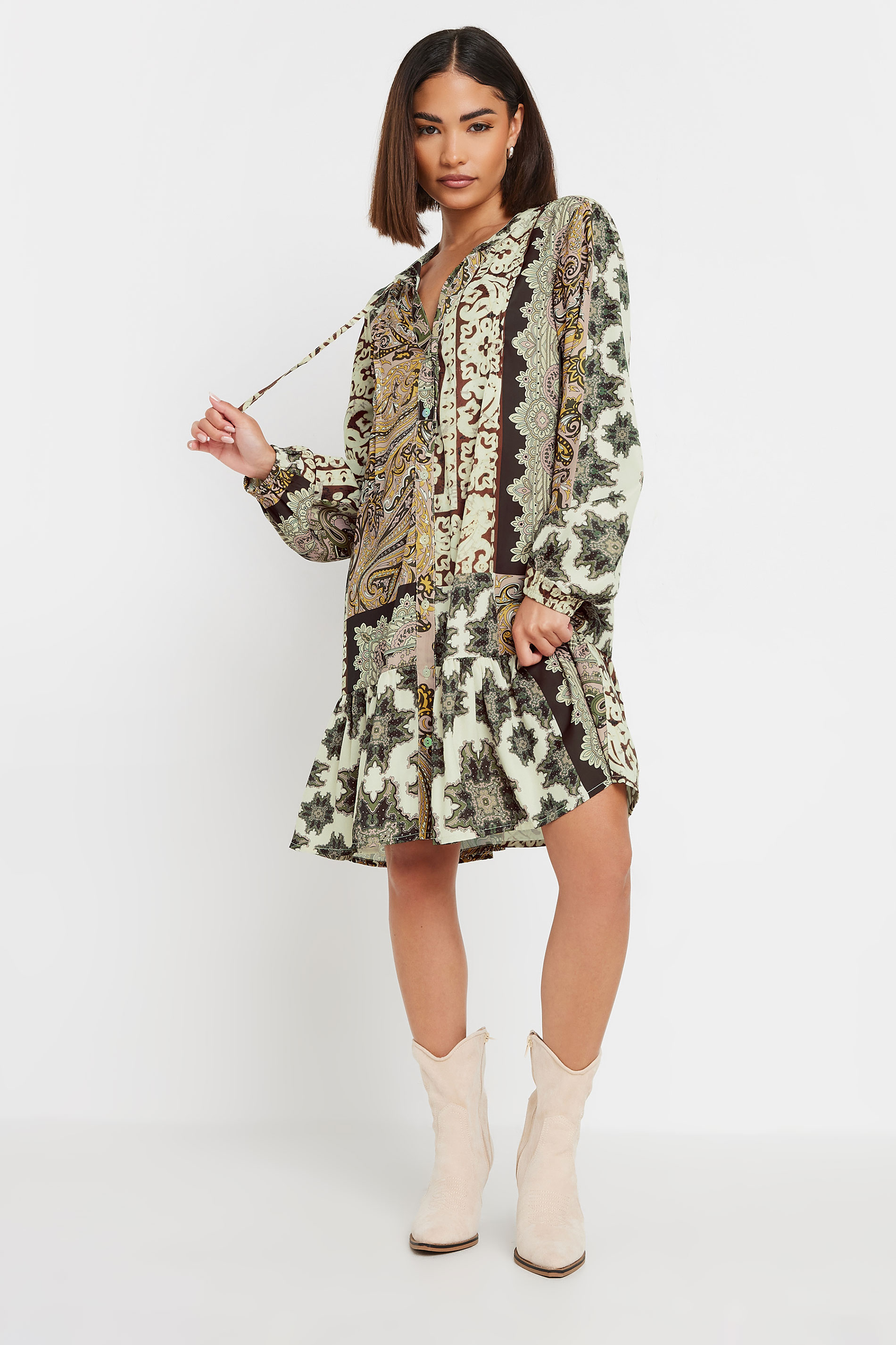 PixieGirl Petite Women's Beige Brown Patchwork Print Tiered Midi Dress | PixieGirl 3