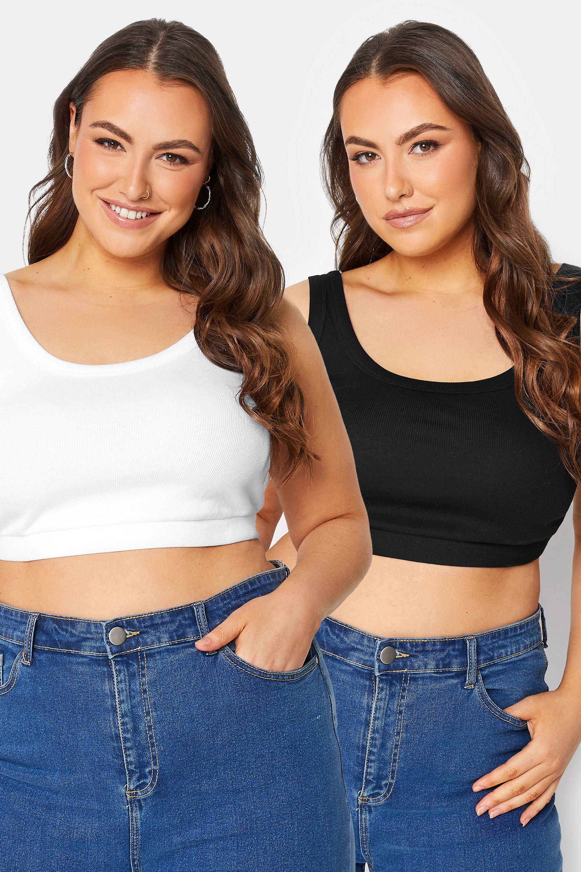 YOURSET 2 PACK Plus Size Black & White Ribbed Crop Tops | Yours Clothing  1