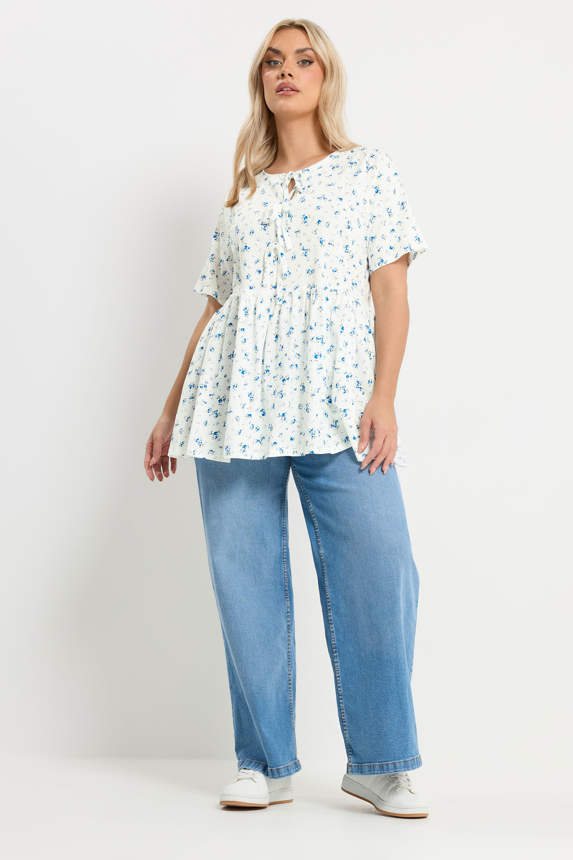 YOURS Plus Size Ivory White Ditsy Bow Tie Front Peplum Top | Yours Clothing 2