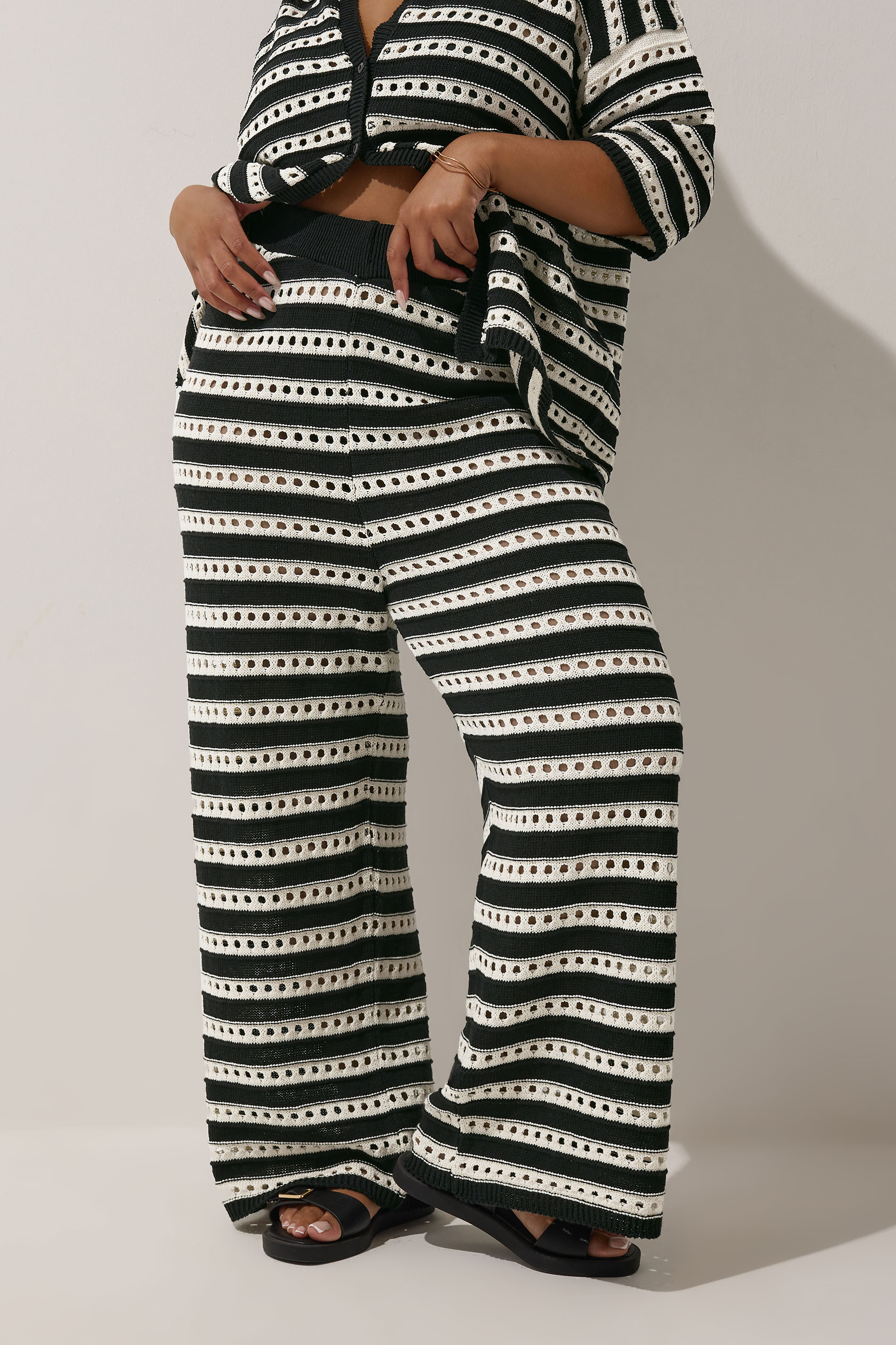 LIMITED COLLECTION Plus Size Black & White Stripe Crochet Wide Leg Trousers | Yours Clothing 2