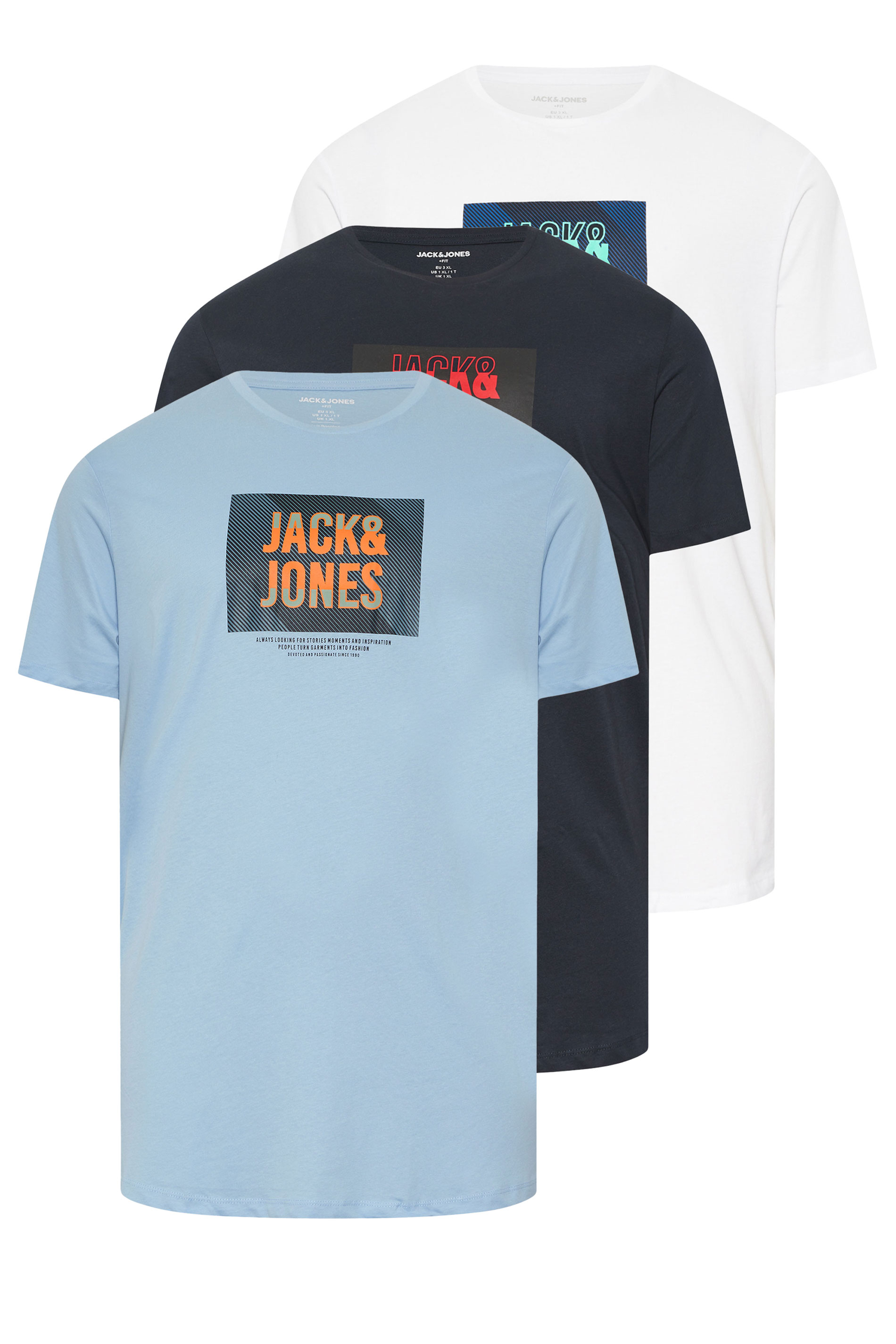 JACK & JONES Big & Tall 3 PACK Blue Branded Logo Print T-Shirts | BadRhino 2