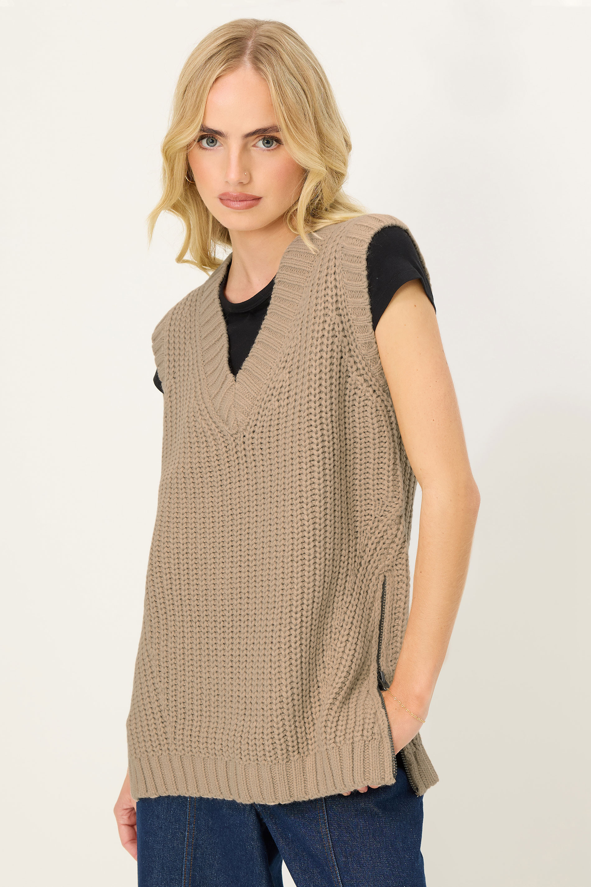 PixieGirl Petite Women's Beige Brown Knitted Sleeveless Jumper | PixieGirl 3