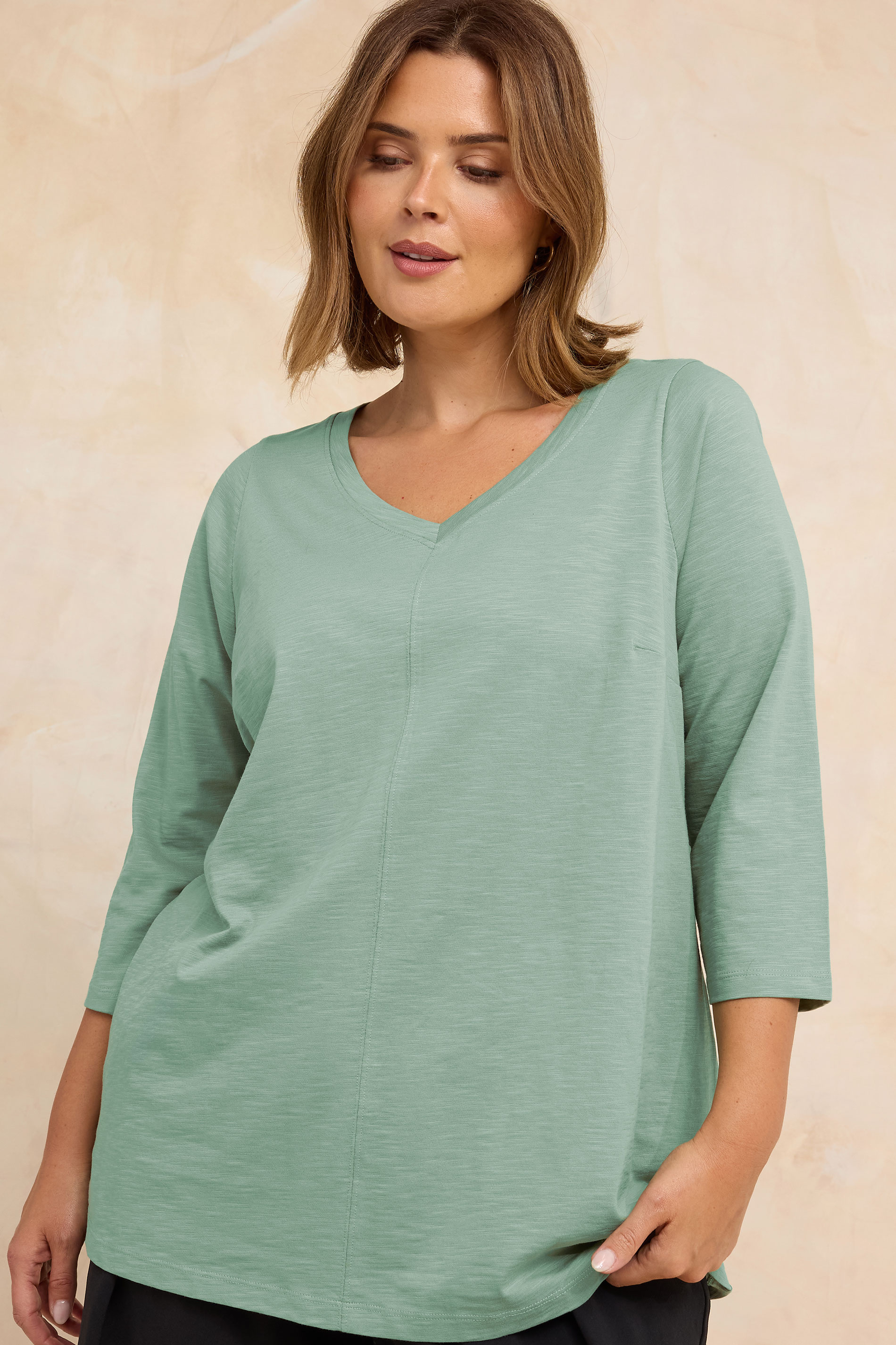 EVANS Plus Size Sage Green V-Neck Cotton Top | Evans 3