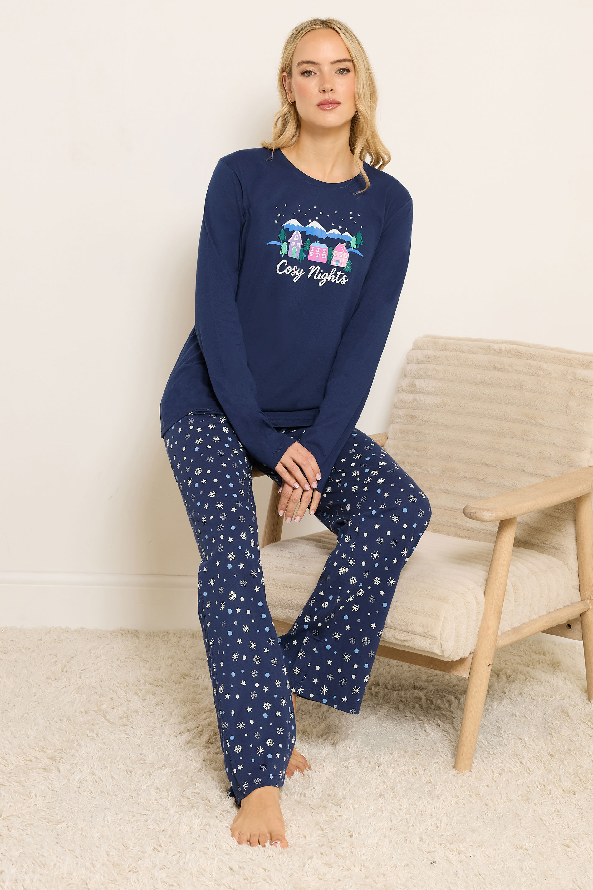 LTS Tall Navy Blue 'Cosy Nights' Slogan Wide Leg Cotton Pyjama Set | Long Tall Sally 1
