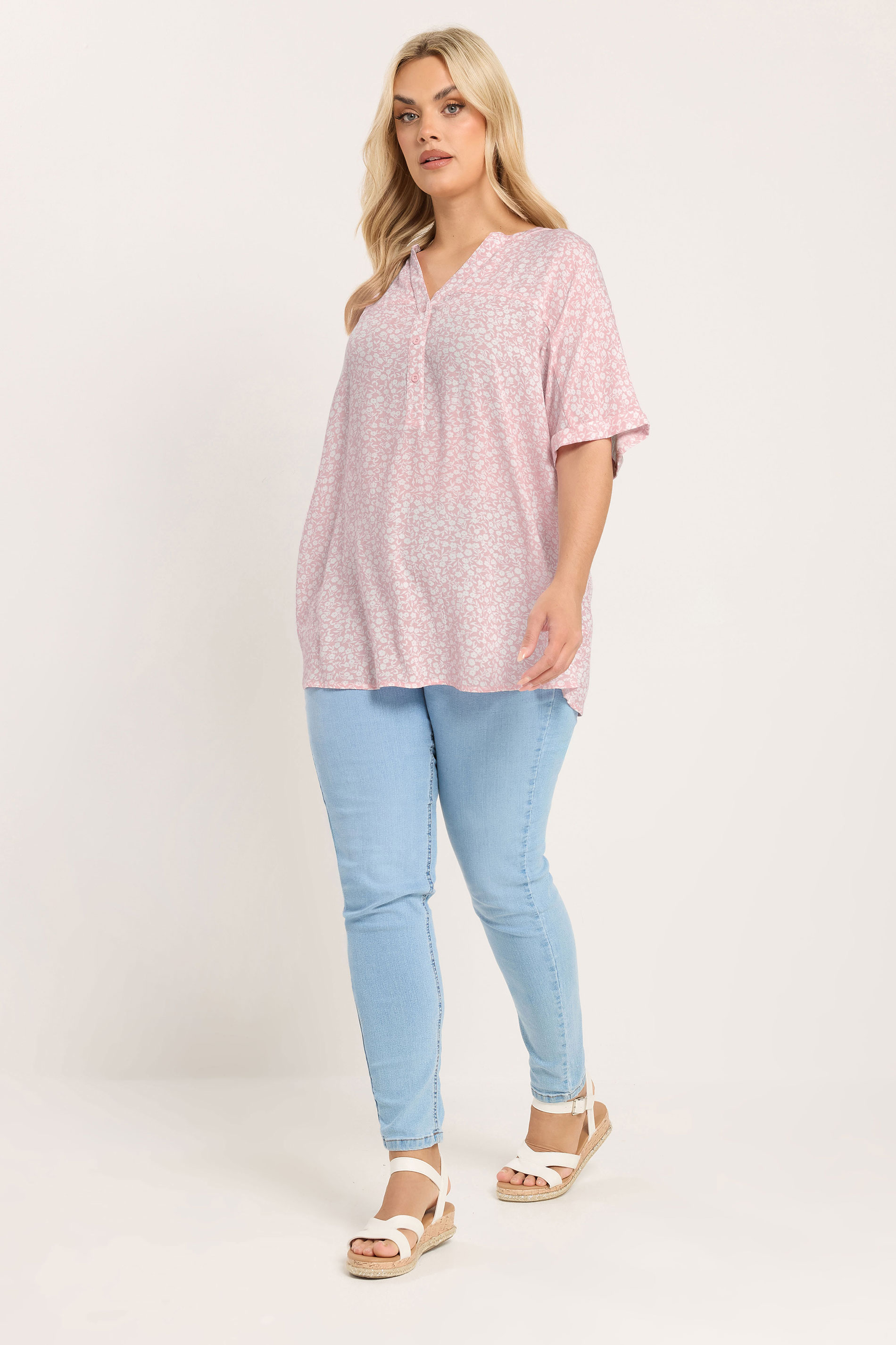 YOURS Plus Size Pink Crinkle Floral Notch Neck Top | Yours Clothing 2