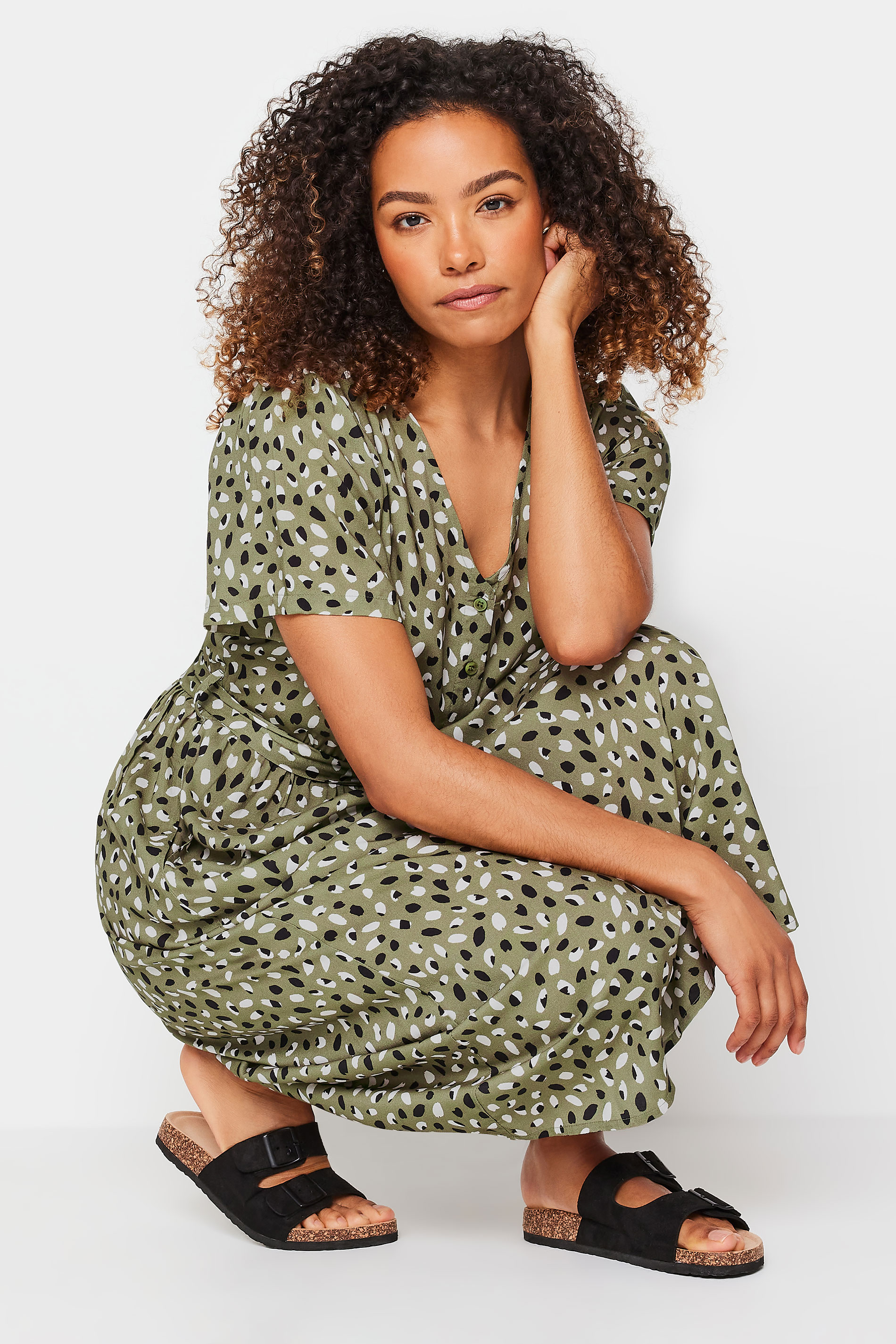 M&Co Khaki Green Spot Print Half Placket Dress | M&Co 2