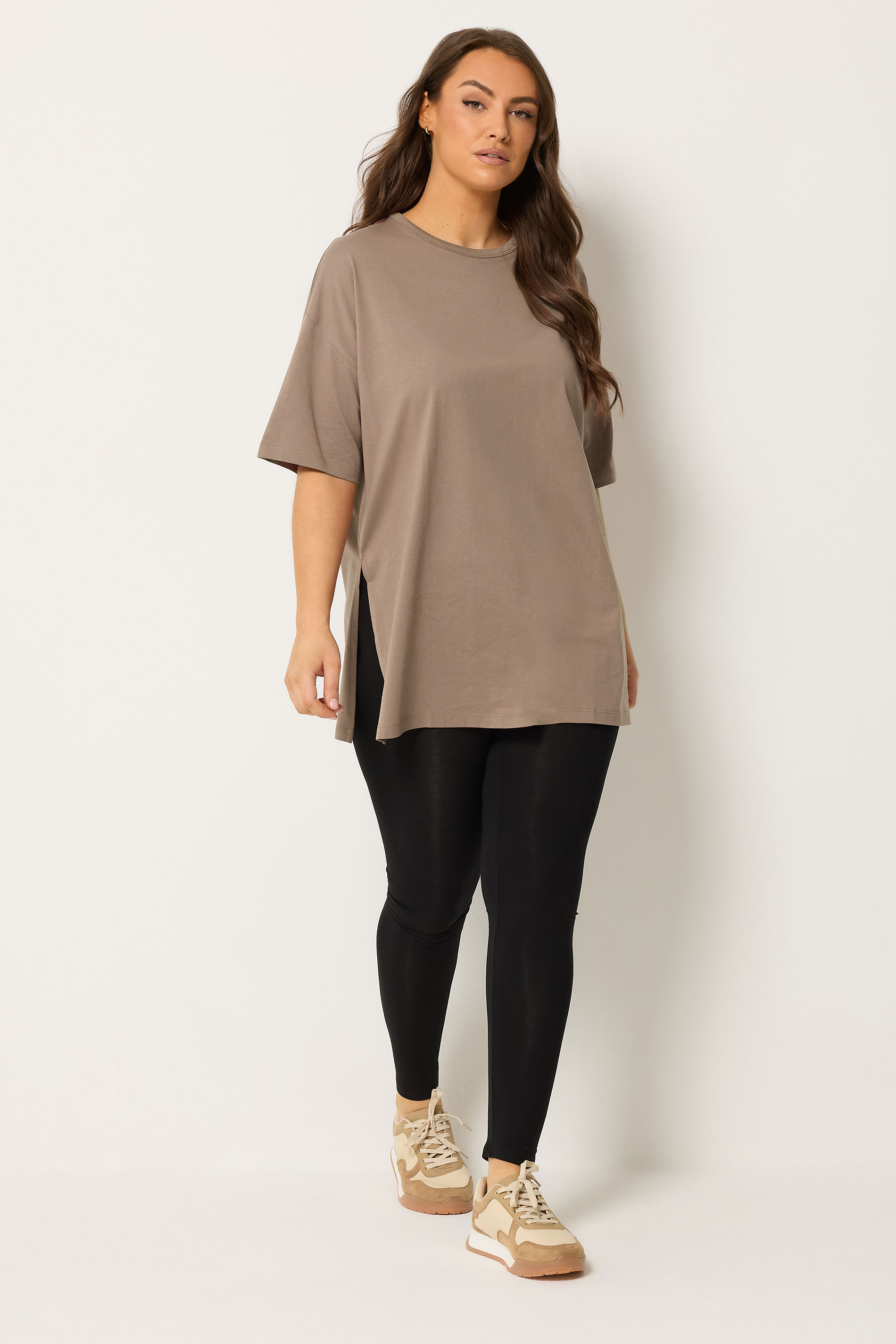 YOURS Plus Size Brown Side Split Relaxed Longline T-Shirt | Yours Clothing 1