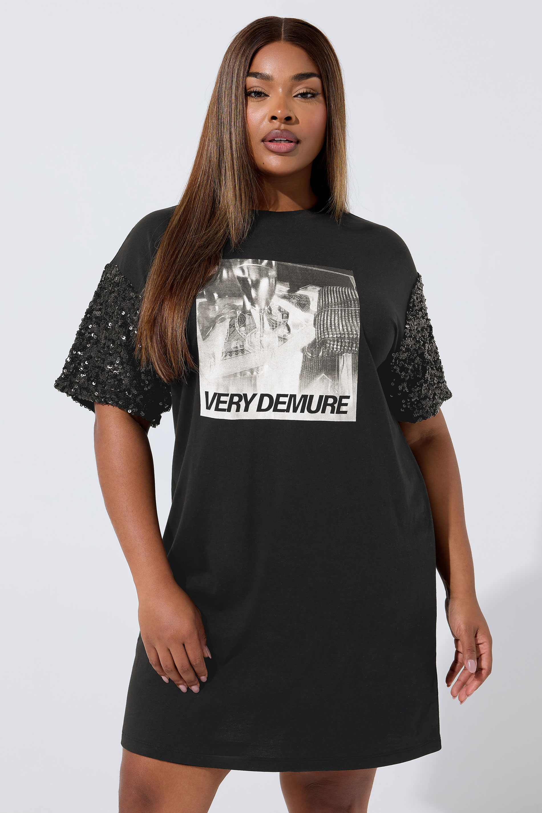 LIMITED COLLECTION Plus Size Black Sequin 'Very Demure' Graphic T-Shirt Dress | Yours Clothing 3