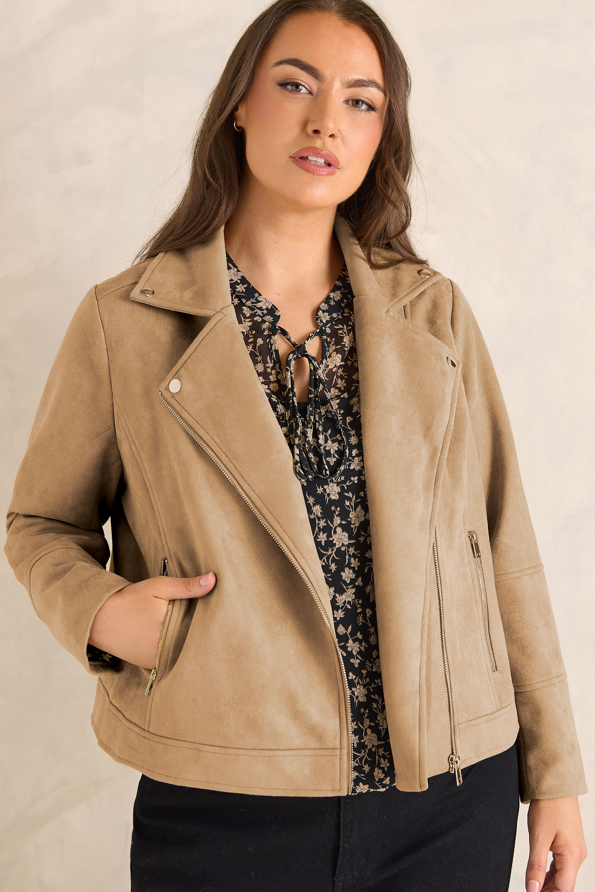 EVANS Plus Size Natural Brown Faux Suede Biker Jacket 1