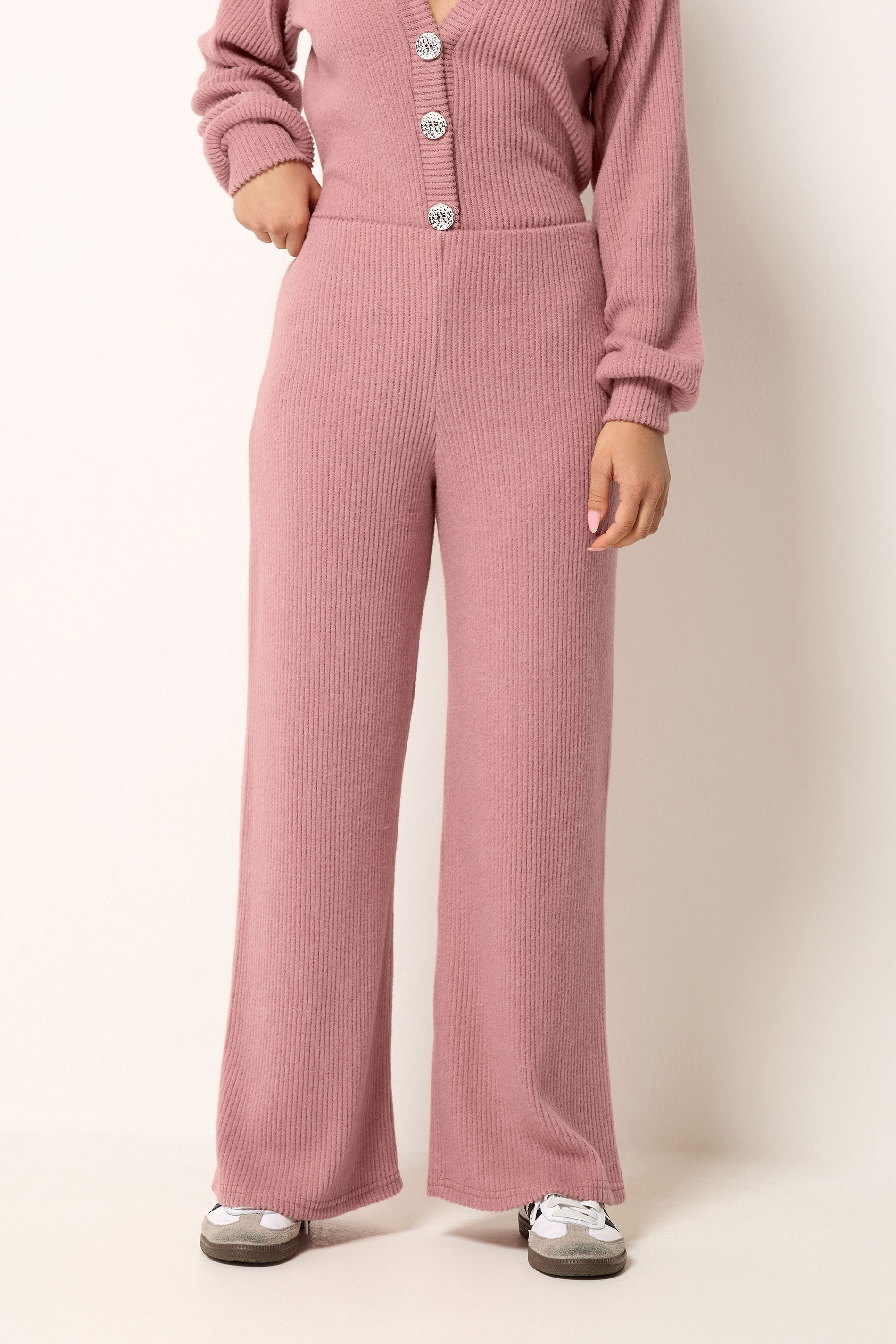 PixieGirl Petite Women's Pink Marl Ribbed Soft Touch Wide Leg Trousers | PixieGirl 1