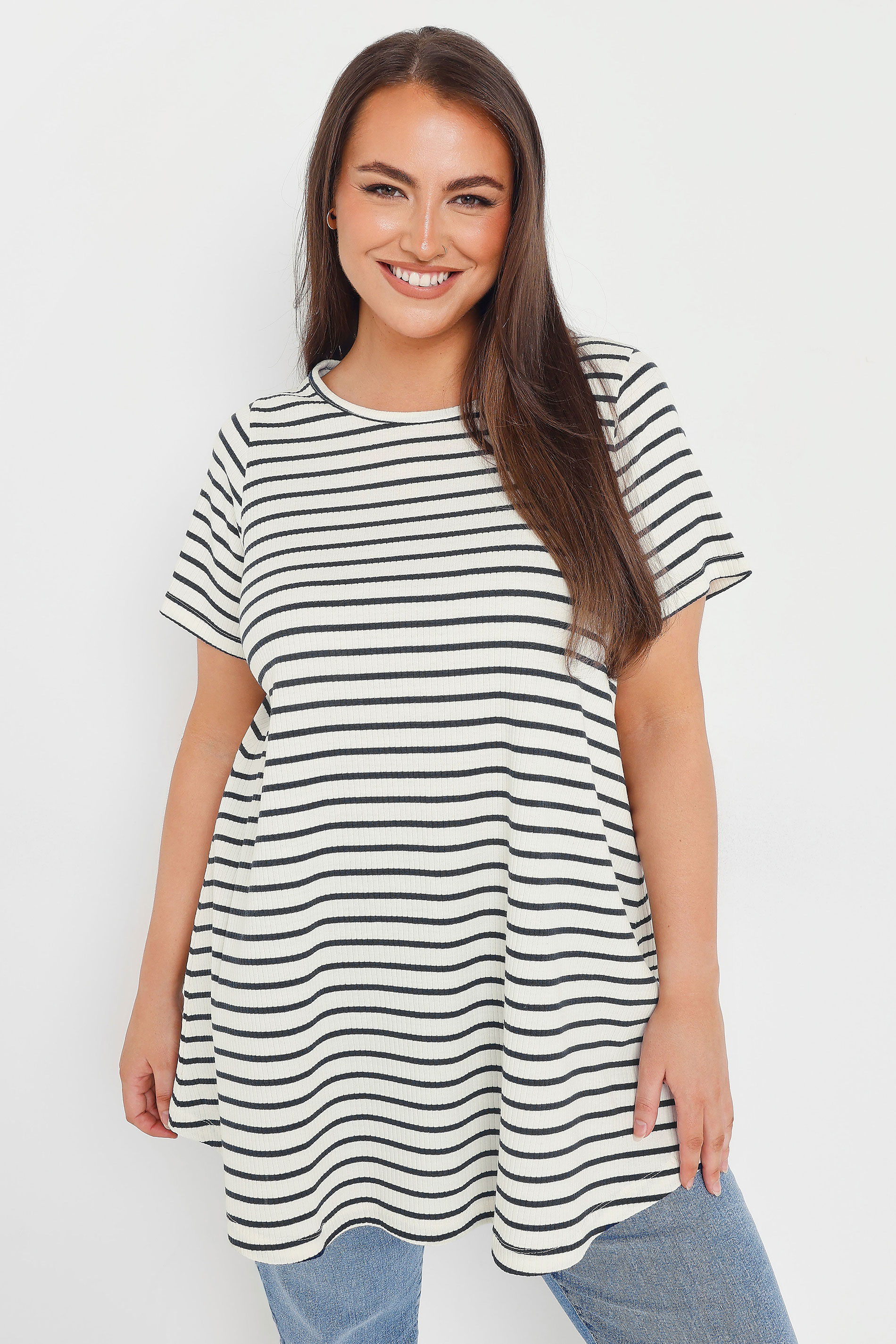 YOURS Plus Size White Striped Ribbed Swing Top | Yours Clothing 3
