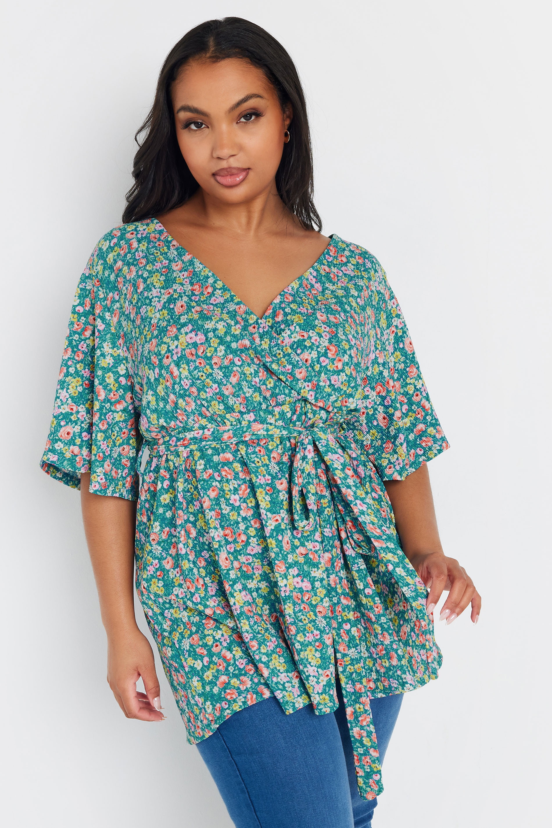 YOURS Plus Size Teal Blue Floral Wrap Textured Top | Yours Clothing 3