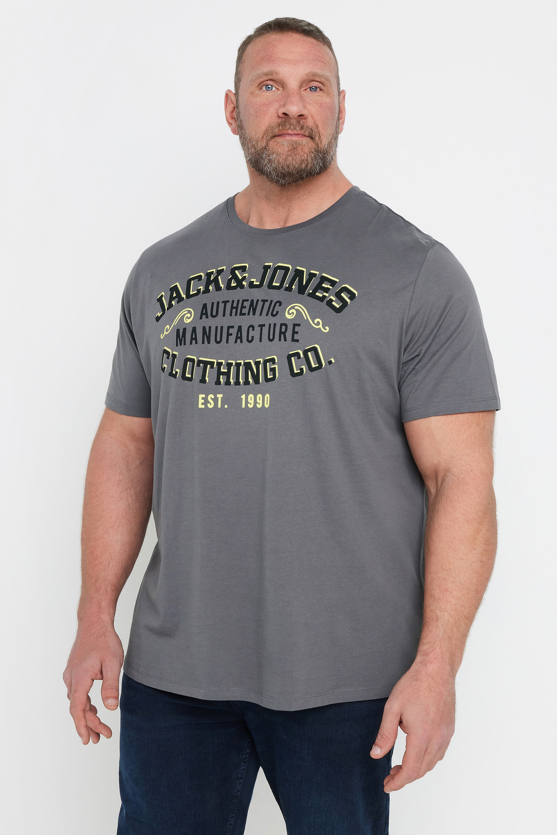 JACK & JONES Big & Tall Grey 'Clothing Co' Printed T-Shirt | BadRhino 2