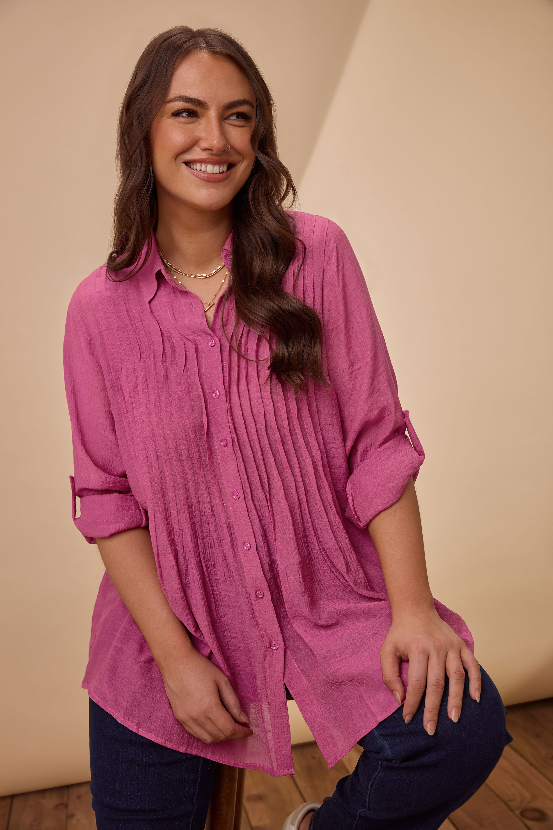 EVANS Plus Size Pink Pintuck Tab Sleeve Shirt | Evans 3