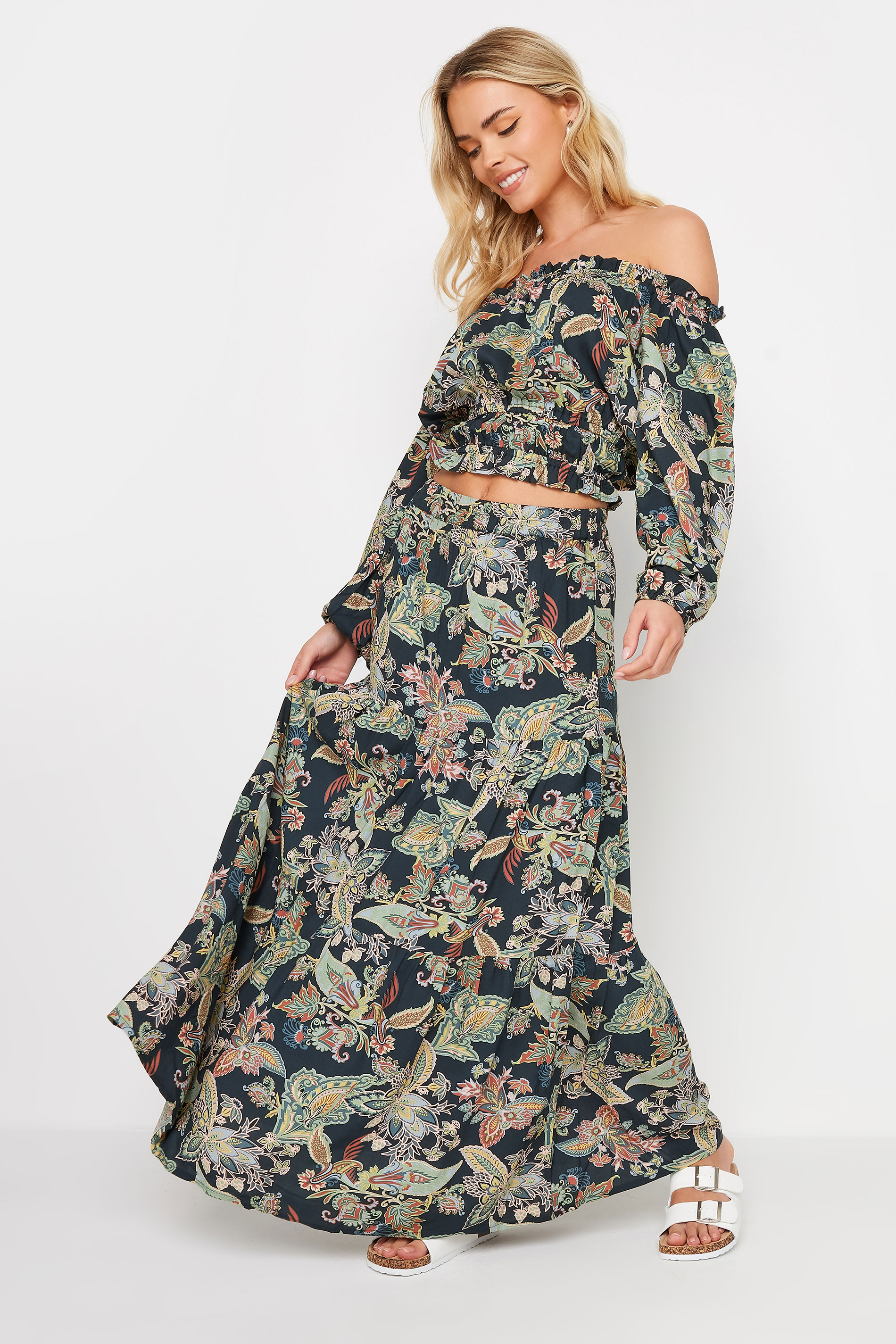 PixieGirl Petite Navy Blue Paisley Print Bardot Top | PixieGirl 1