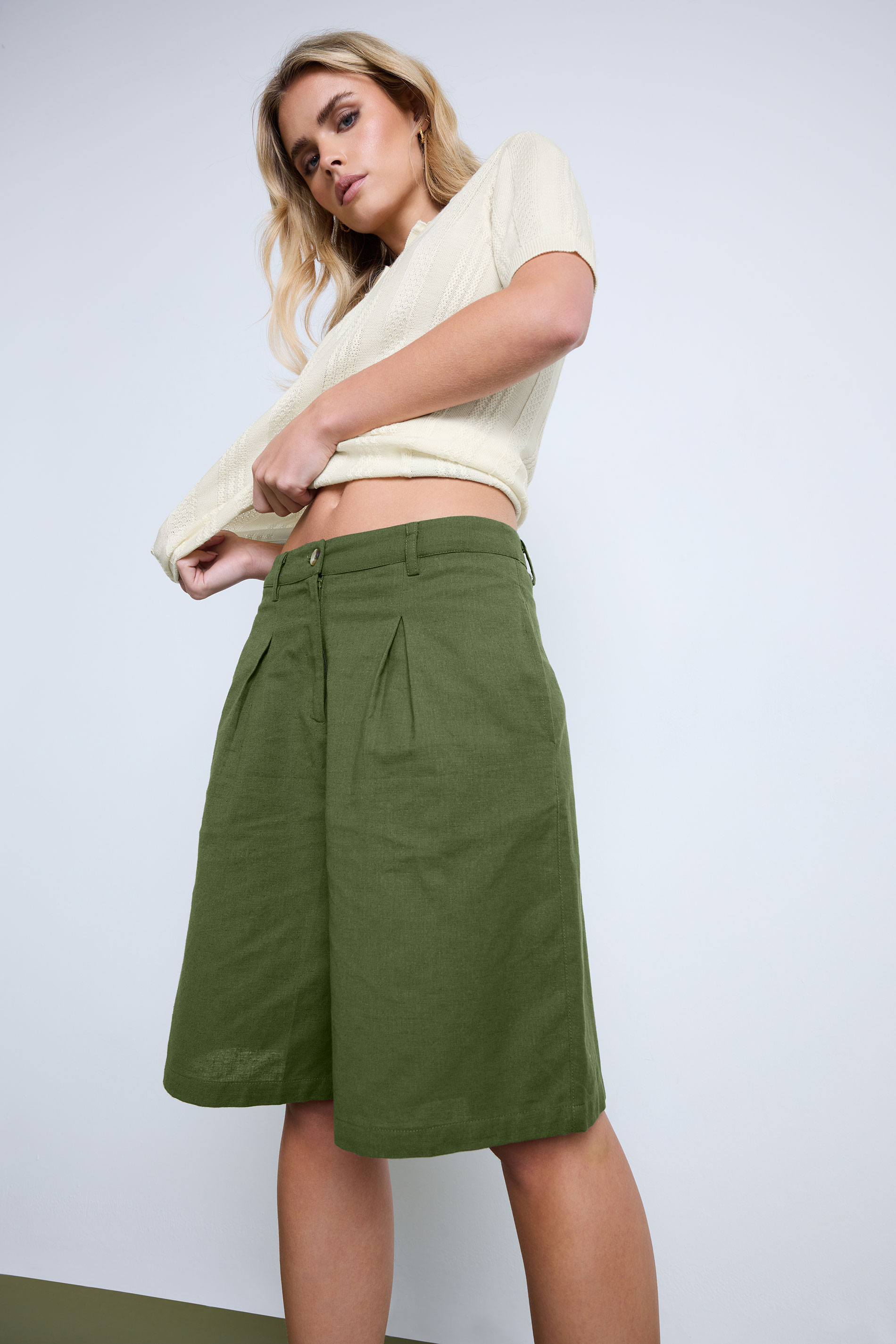 PixieGirl Petite Women's Khaki Green Linen Bermuda Shorts | PixieGirl 1
