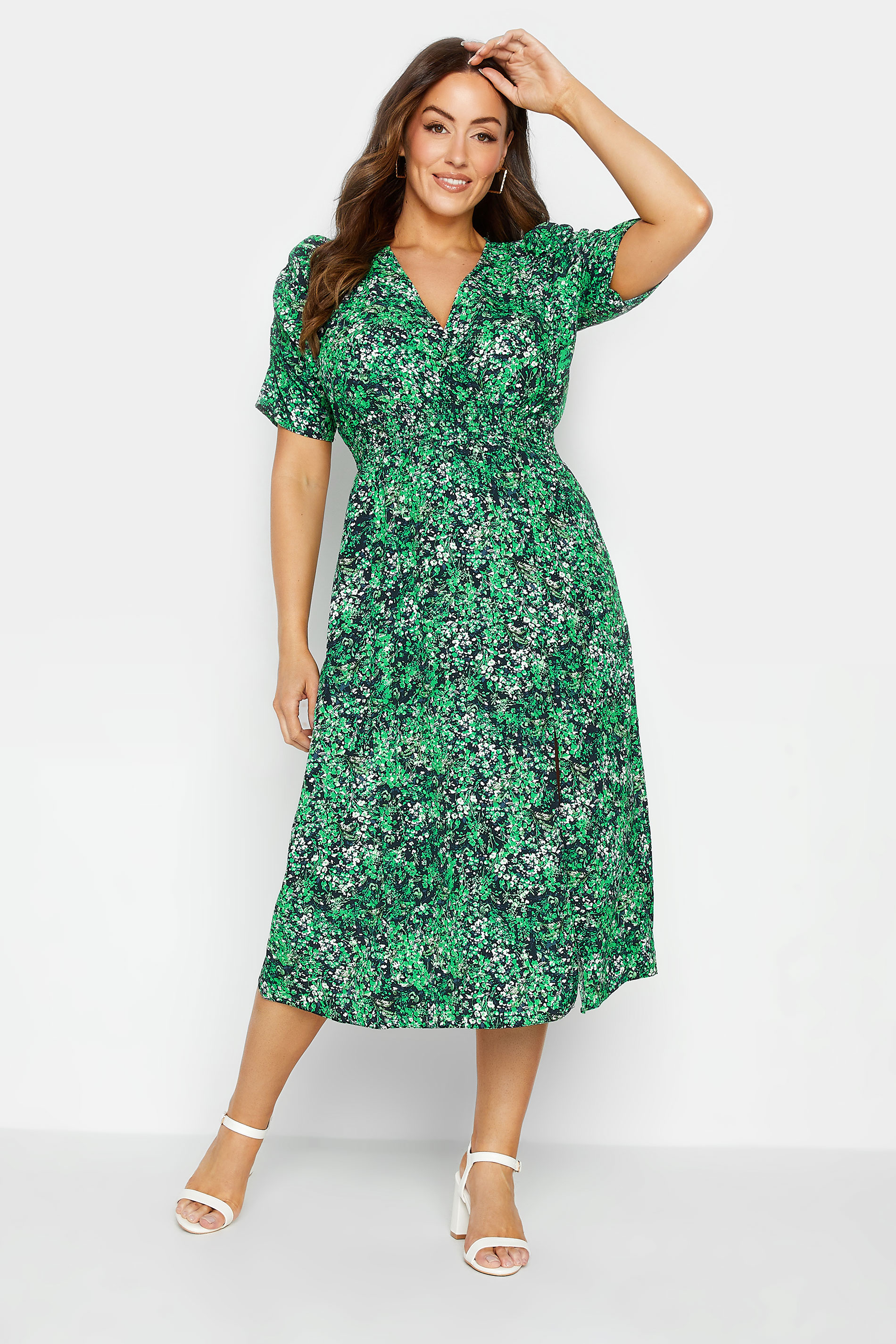 M&Co Green Floral Print Shirred Waist Midi Dress | M&Co 2