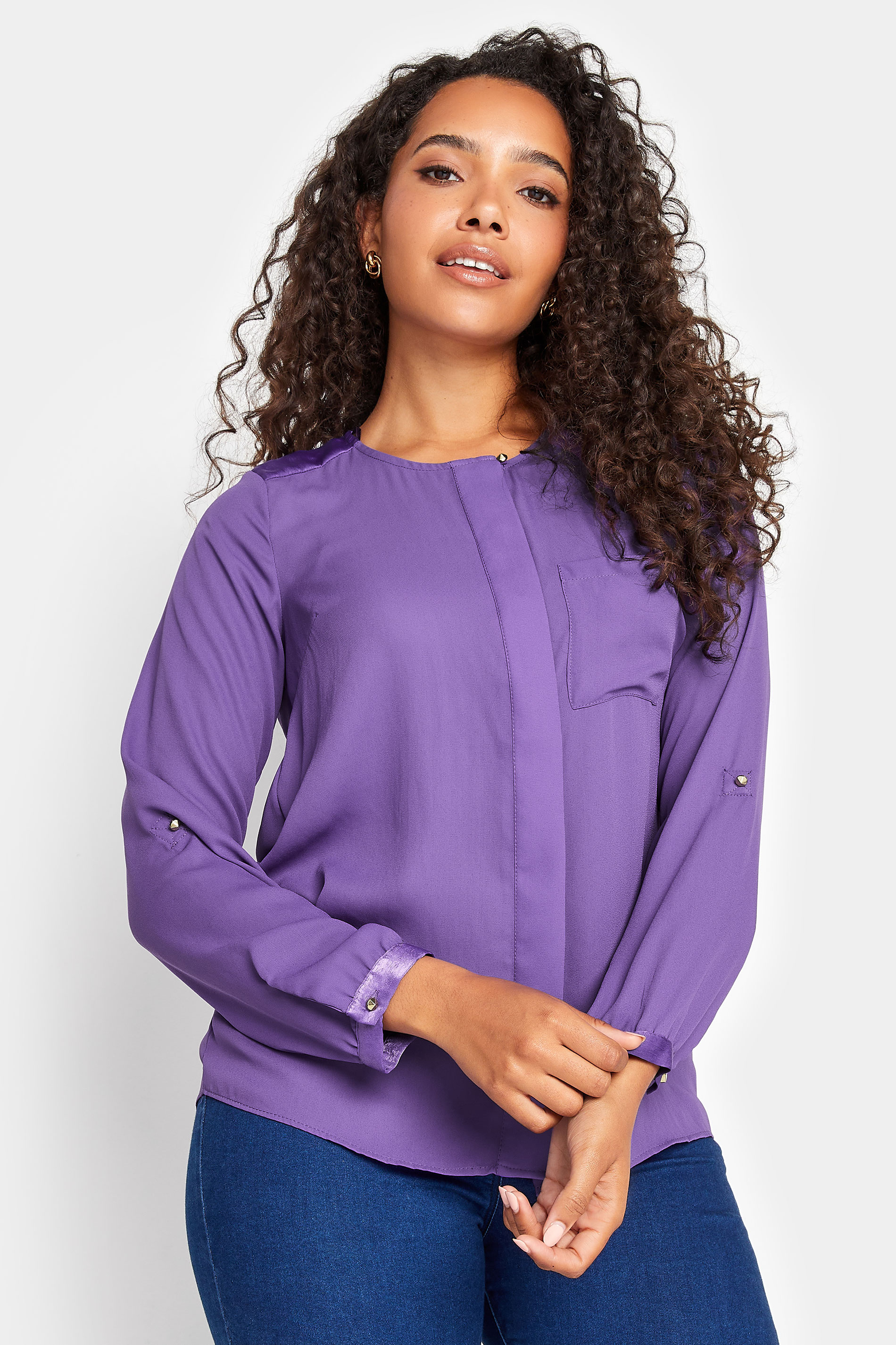 M&Co Purple Satin Contrast Panel Shirt | M&Co 1