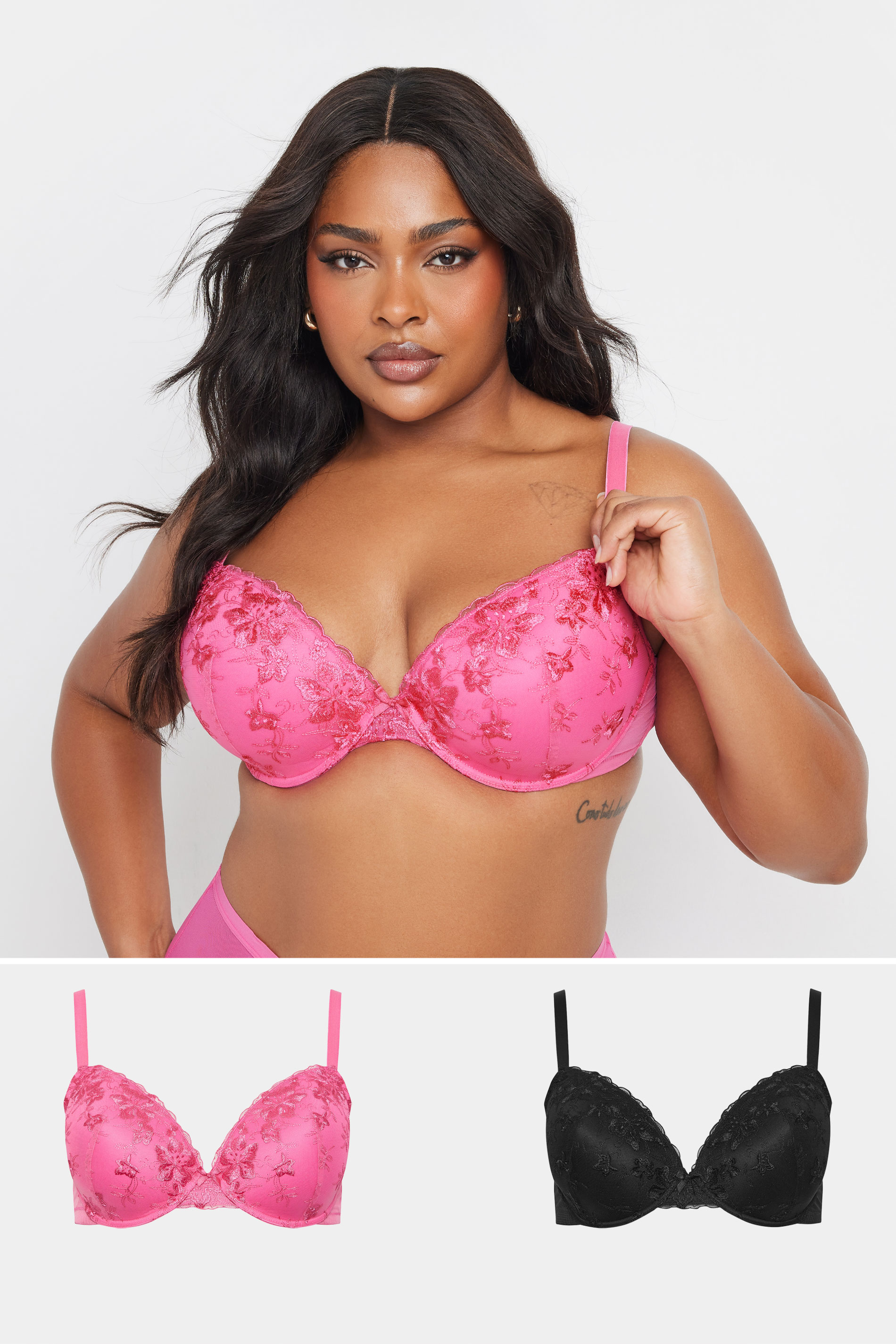 YOURSET 2 PACK Plus Size Black & Pink Floral Lace Embroidered Padded Bras | Yours Clothing 1