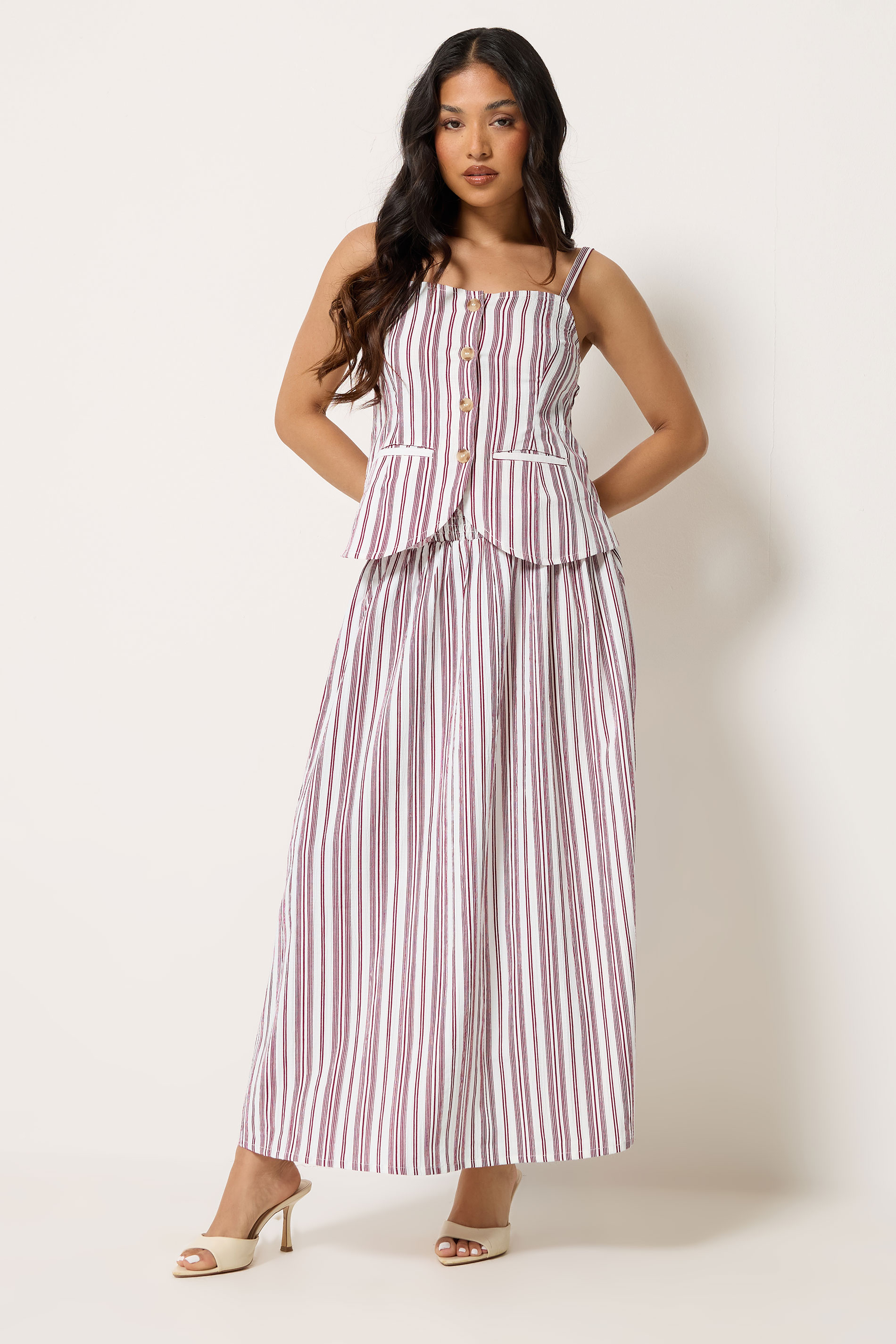 PixieGirl Petite Women's Burgundy Red Stripe Button Cami Top | PixieGirl  1