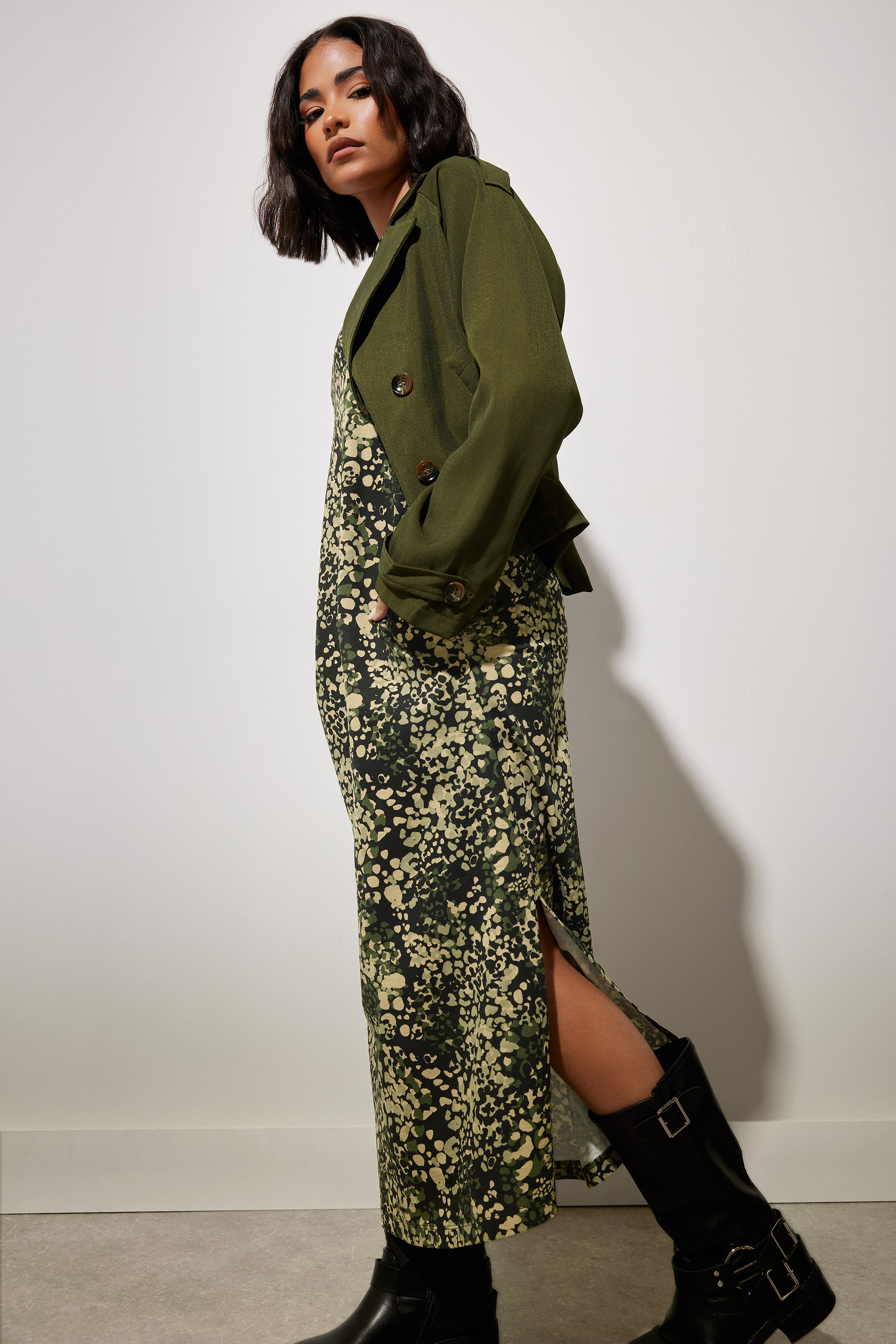 PixieGirl Petite Women's Khaki Green Abstract Animal Long Sleeve Cotton T-Shirt Dress | PixieGirl 1