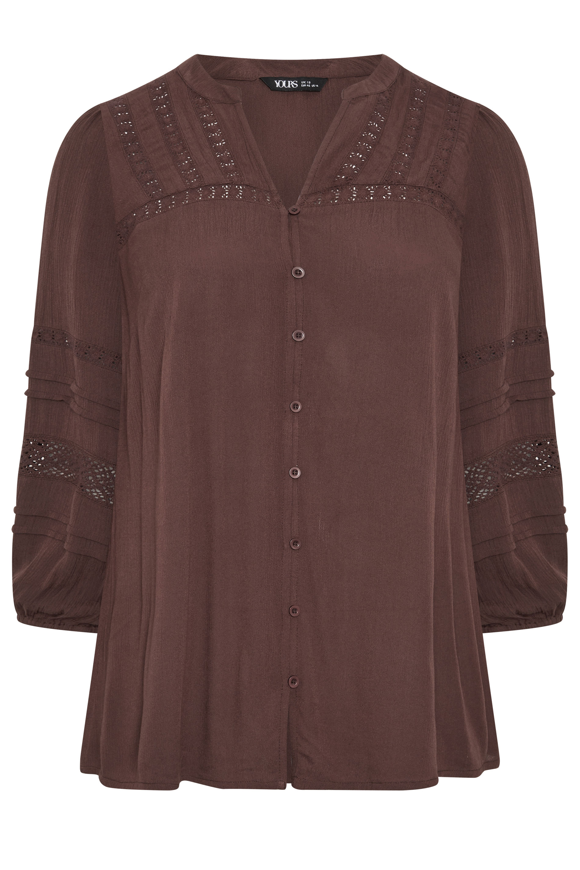 YOURS Plus Size Chocolate Brown Notch Neck Crochet Blouse | Yours Clothing  5