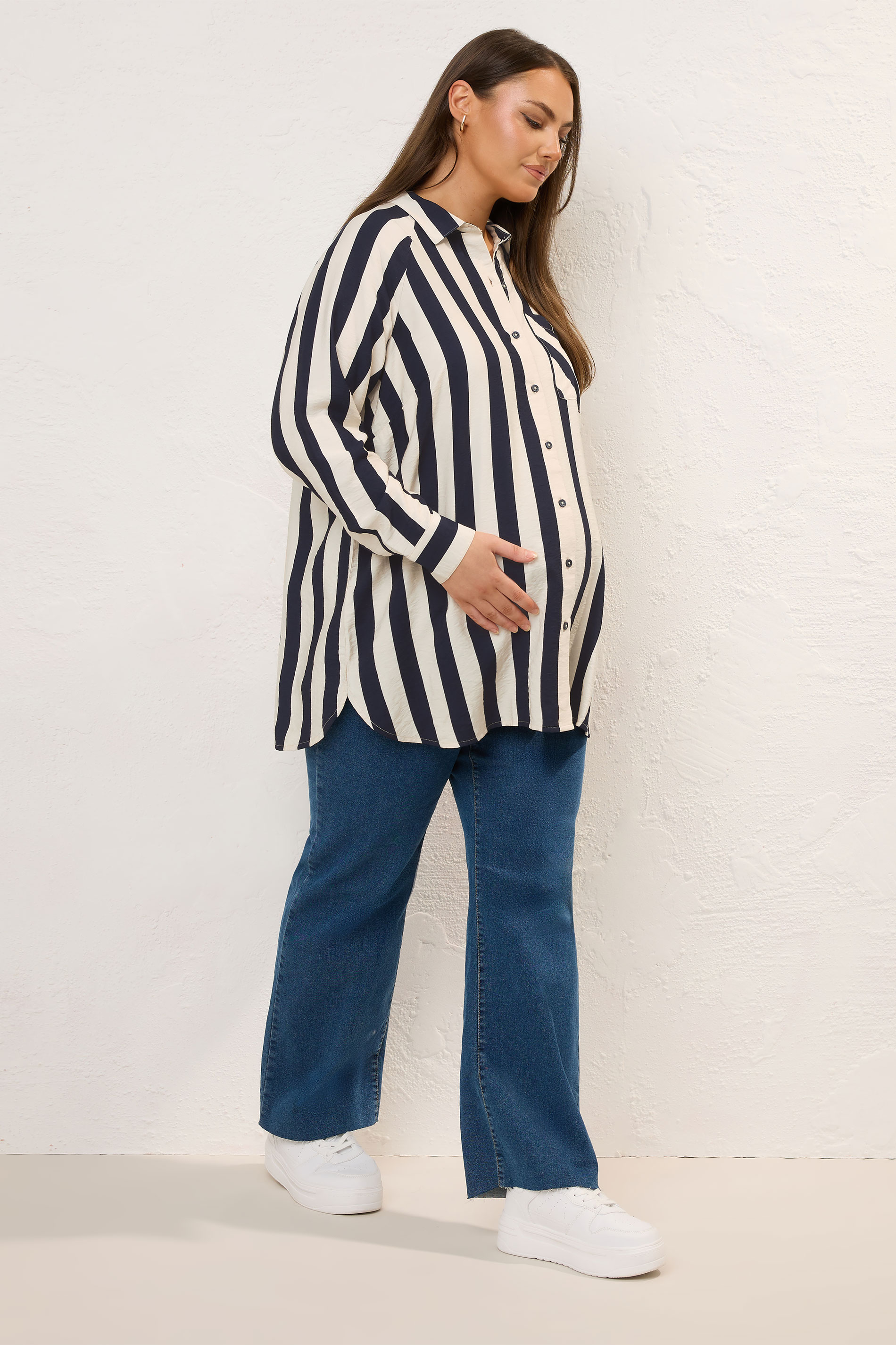 BUMP IT UP MATERNITY Plus Size Navy Blue Stripe Shirt | Yours Clothing 1