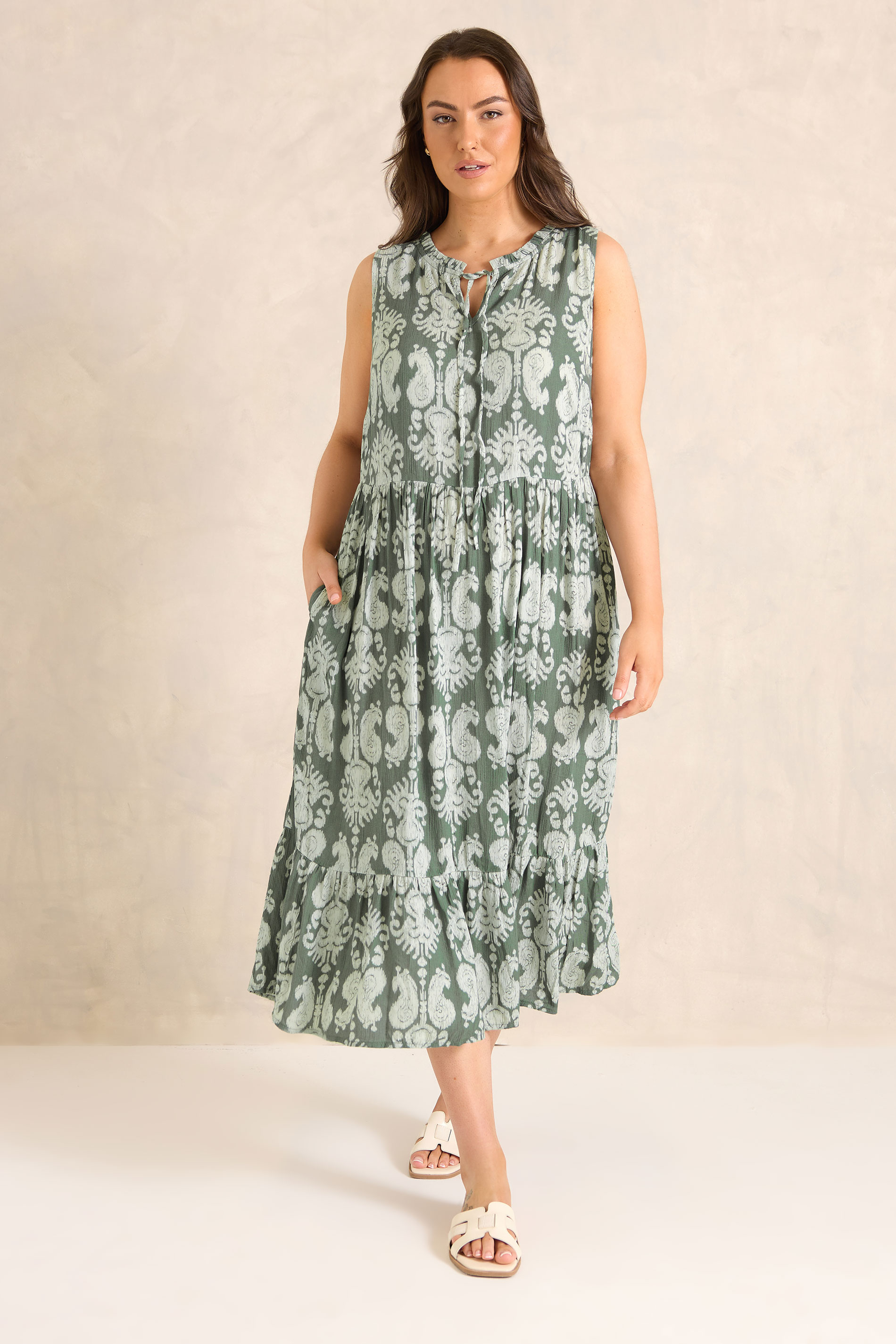 EVANS Plus Size Green Abstract Print Tie Neck Maxi Dress | Evans 2