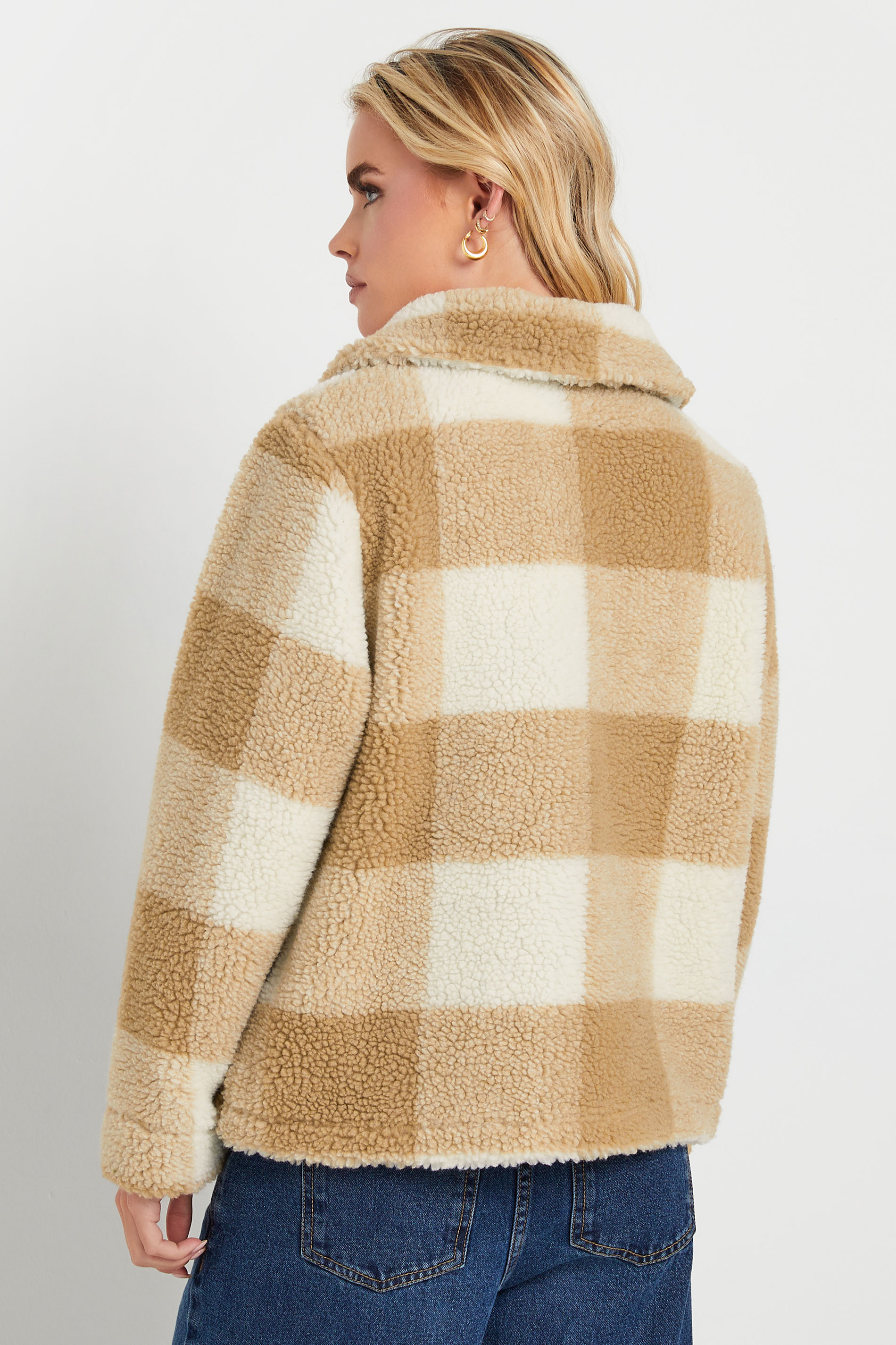 PixieGirl Petite Women's Natural Brown Check Teddy Fleece Jacket | PixieGirl 2