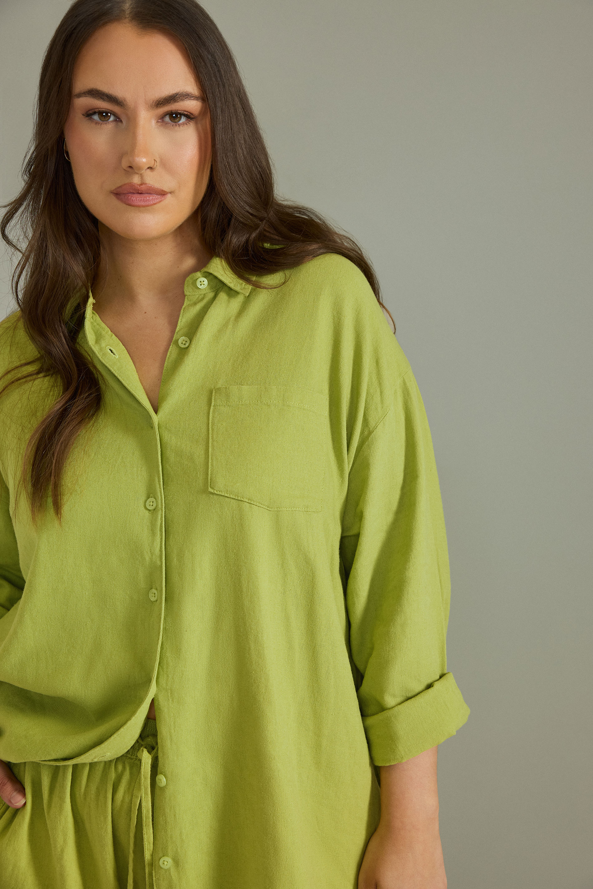 EVANS Plus Size Chartreuse Green Long Sleeve Premium Linen Shirt | Evans 7
