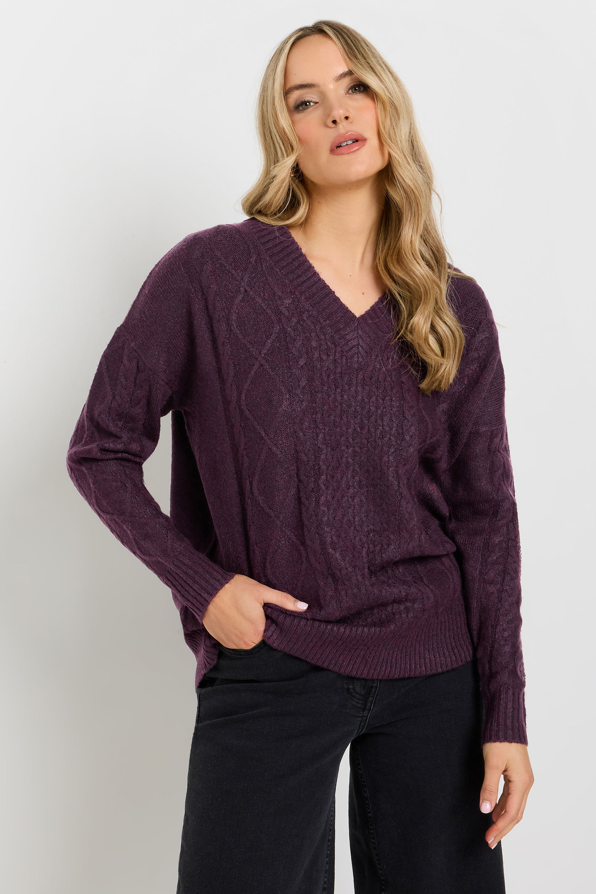 LTS Tall Dark Purple Cable Knit V-Neck Jumper | Long Tall Sally 1